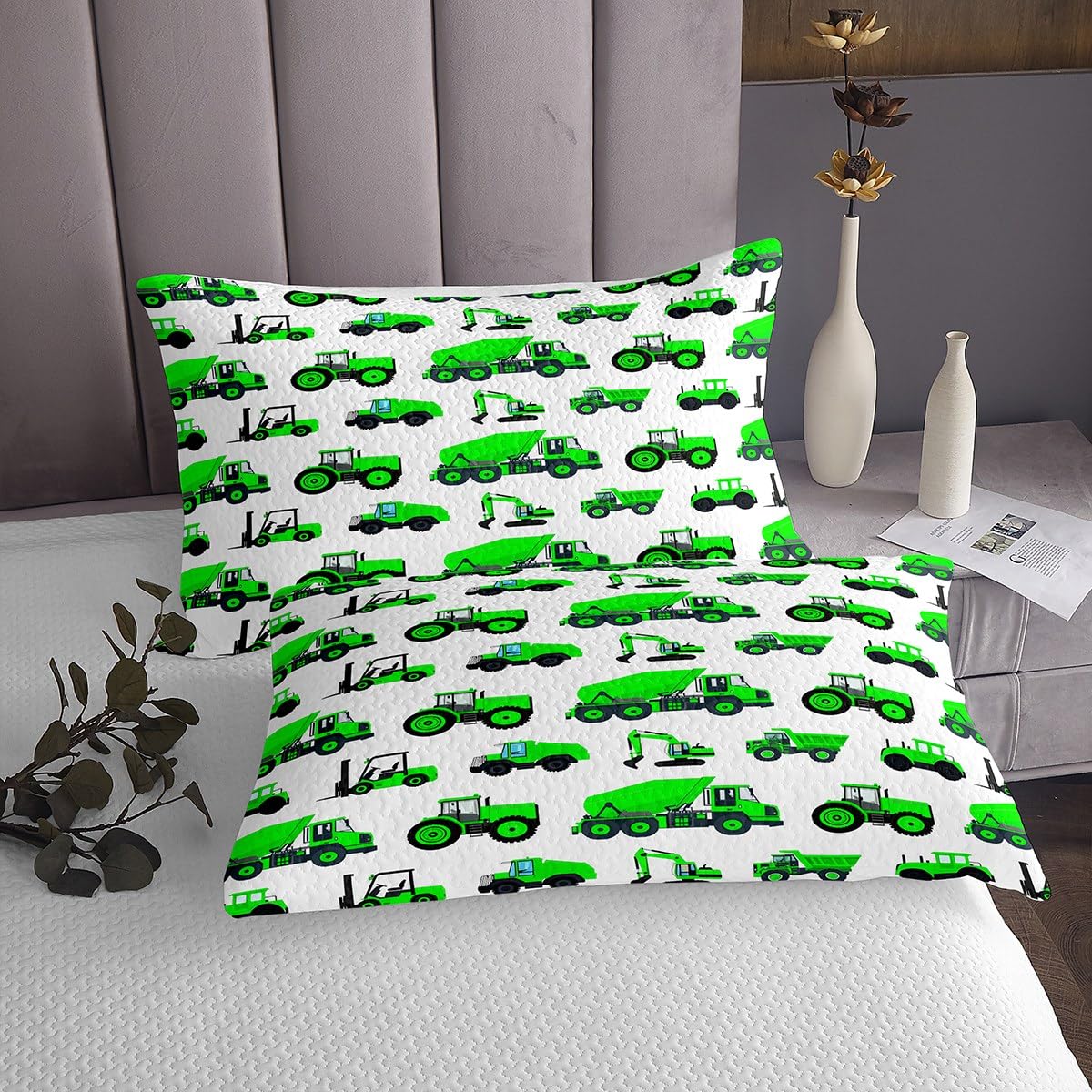 Manfei Kinder BAU Tagesdecke L Größe,Cartoon Auto Bettwäsche Set Jungen Teens Zimmer Dekor,grüne Bagger Fahrzeuge Tröster Set LKW Traktor Coverlet Quilt,2 Kissenbezug