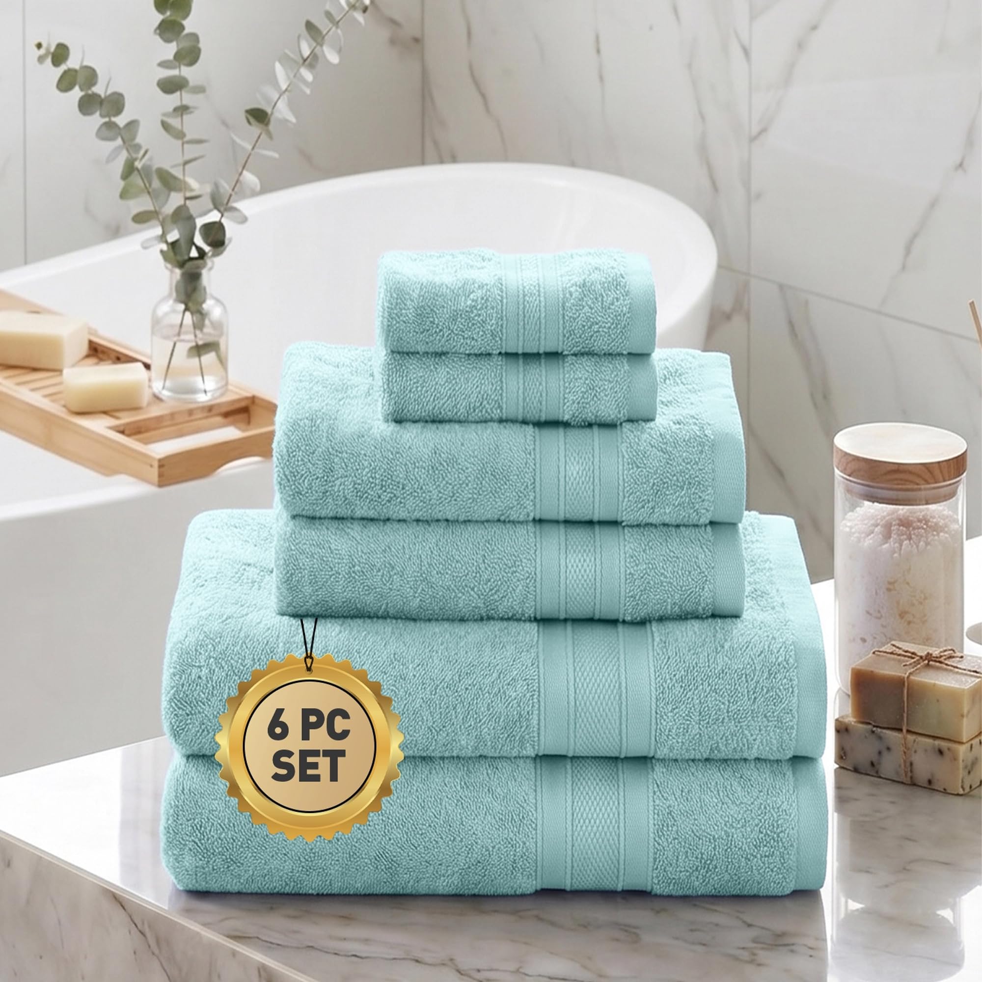 TRIDENT Soft Comfort Air Rich Towels for Bath, 100% Cotton Towel, Super Soft, Highly Absorbent, 6 Pieces Towel Set, 500 GSM - Nile Blue