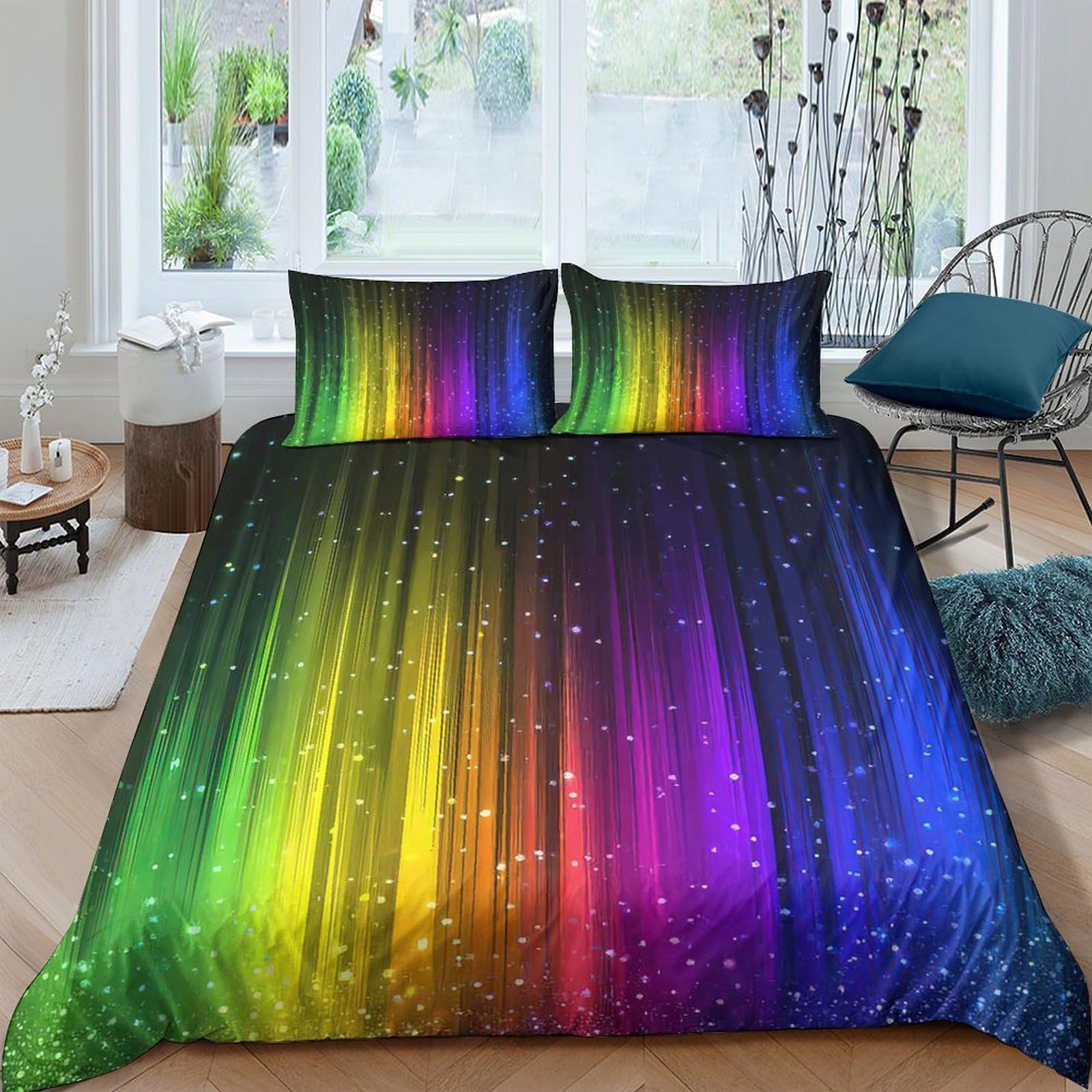 Ctjqhvkz Style-6 3D Printed Aurora Rainbow Fitted Sheet Microfiber Soft Colorful Light Stripe Mattress Cover For Bedroom Guest Room Single（135X200cm）