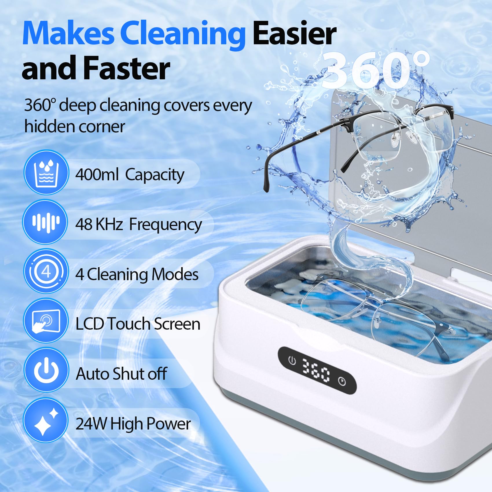 Limpiador ultrasónico de joyas: máquina ultrasónica de 48 Khz con temporizador digital, 4 modos de limpieza, limpiador sónico de 24 W para joyas, gafas, retenedor, correa de reloj, uso