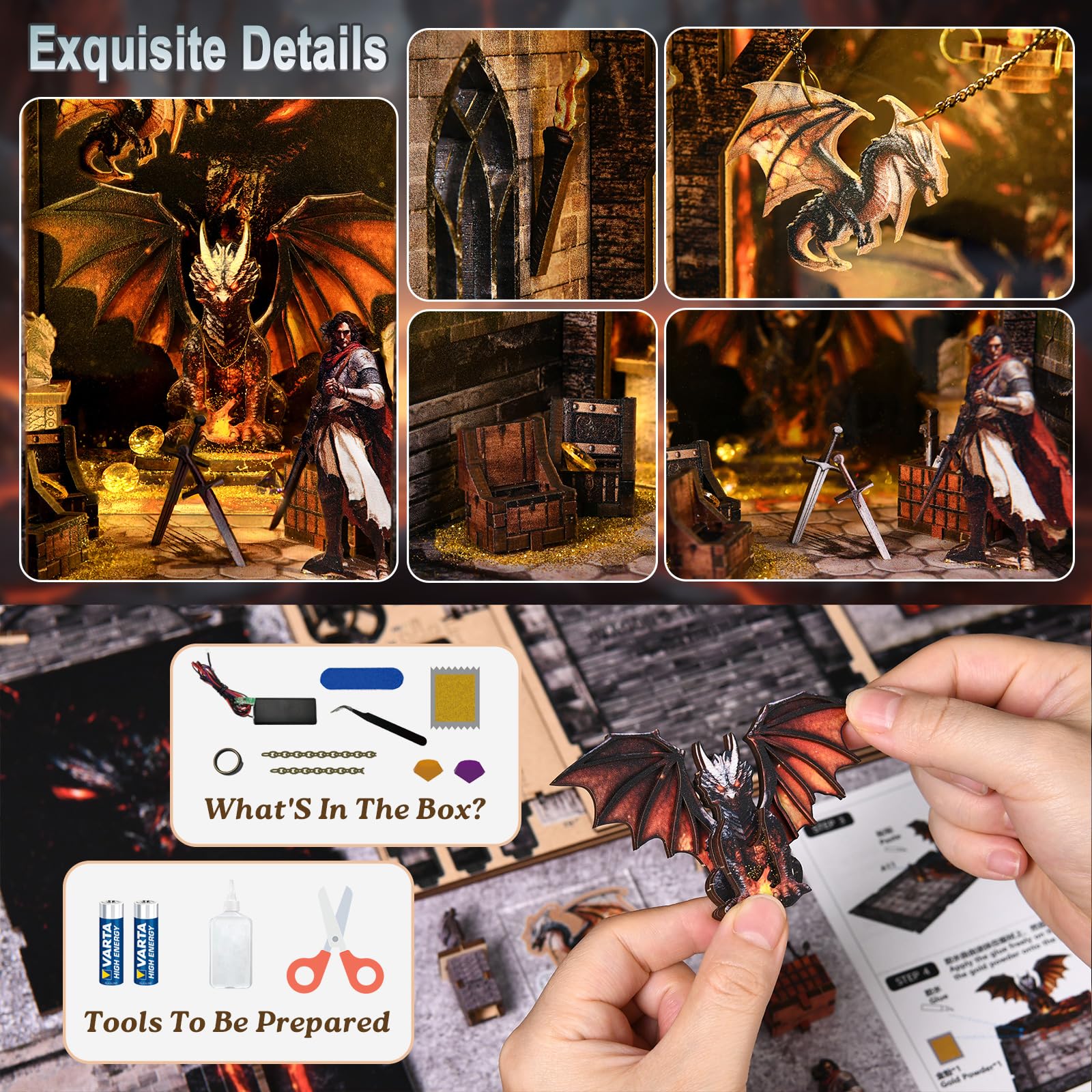 Book Nook Kit–Drachenschatz Labyrinth Modell, 3D Holzpuzzle zum Selberbauen mit LED-Beleuchtung, Bastelset für Bücherregal-Dekoration für Erwachsene und Jugendliche