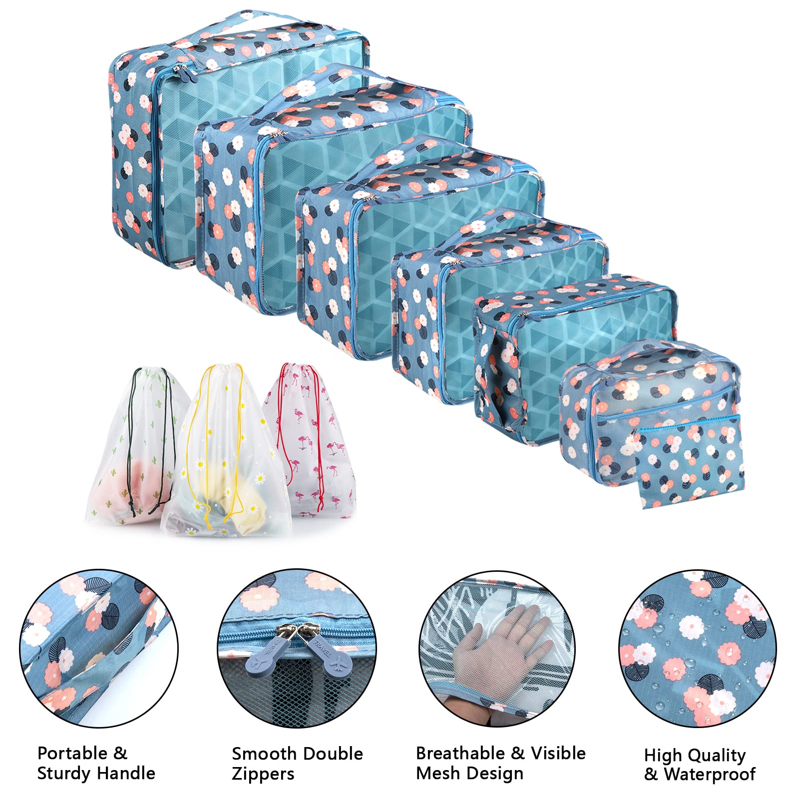 Sciphylia Organizer Valigie Organizer Valigia Set di 10 Borse Organizer da Viaggio Impermeabili Cubi di Imballaggio Viaggio Accessori Utili per Vestiti Cosmetici Scarpe Biancheria Intima Fiore Blu