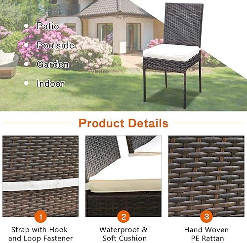 Miniatura 6 de Tangkula 5 Piece Patio Wicker Dining Set, Outdoor Rattan Table and Chairs with w/Tempered Glass Table Top & Padded Cushions, Wicker Patio