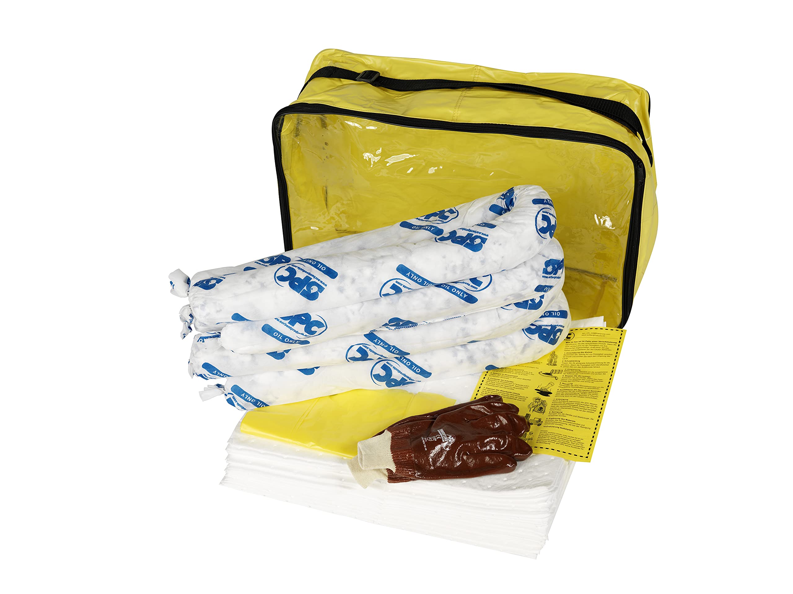 SPC® by Brady Kit Anti-Inquinamento per Oli – Kit Assorbente per Sversamenti di Oli e Liquidi a Base di Petrolio, Include 25 Panni Assorbenti per Olio, 4 Calze, Guanti e Sacco per Smaltimento