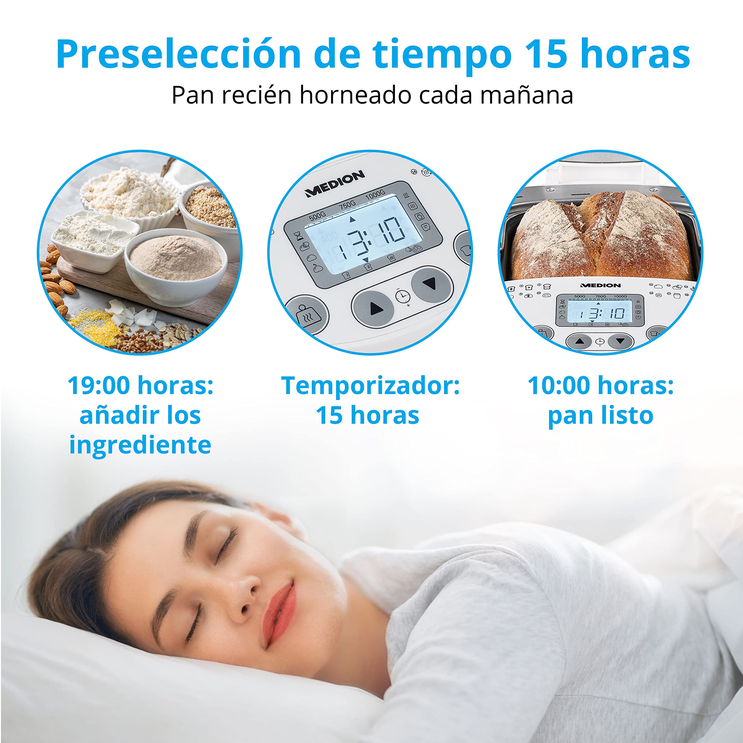 MEDION Amasadora de pan (MD11011) 550W, robot de cocina para preparar pan con capacidad para 1 kg, robot con 19 programas, 3 niveles de tostado y conservación del calor