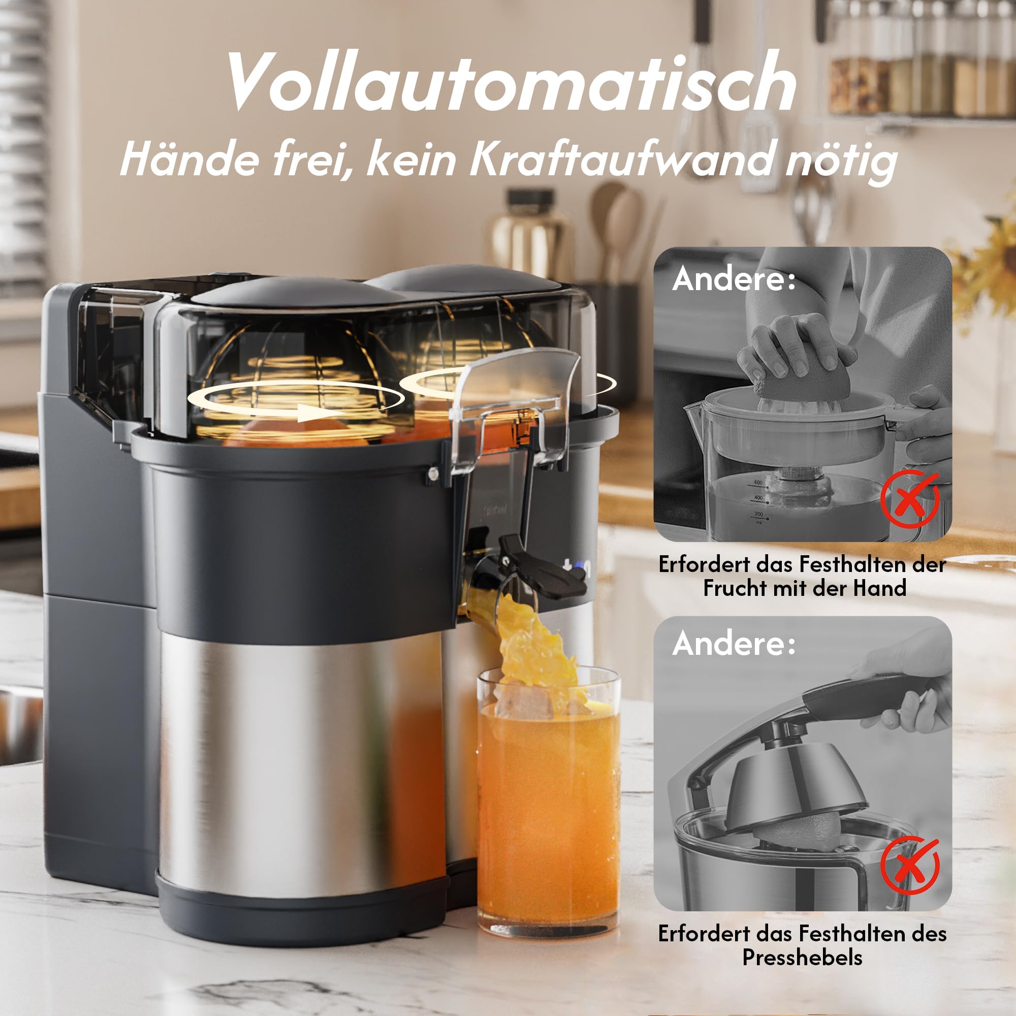 B Juicy O2 Elektrische Zitruspresse & Orangenpresse – Doppelkegel-Entsafter mit Schneider, vollautomatisch, 100W，13500 U/min, BPA-frei, 380ml, leicht zu reinigen, für Orangen, Zitronen & mehr