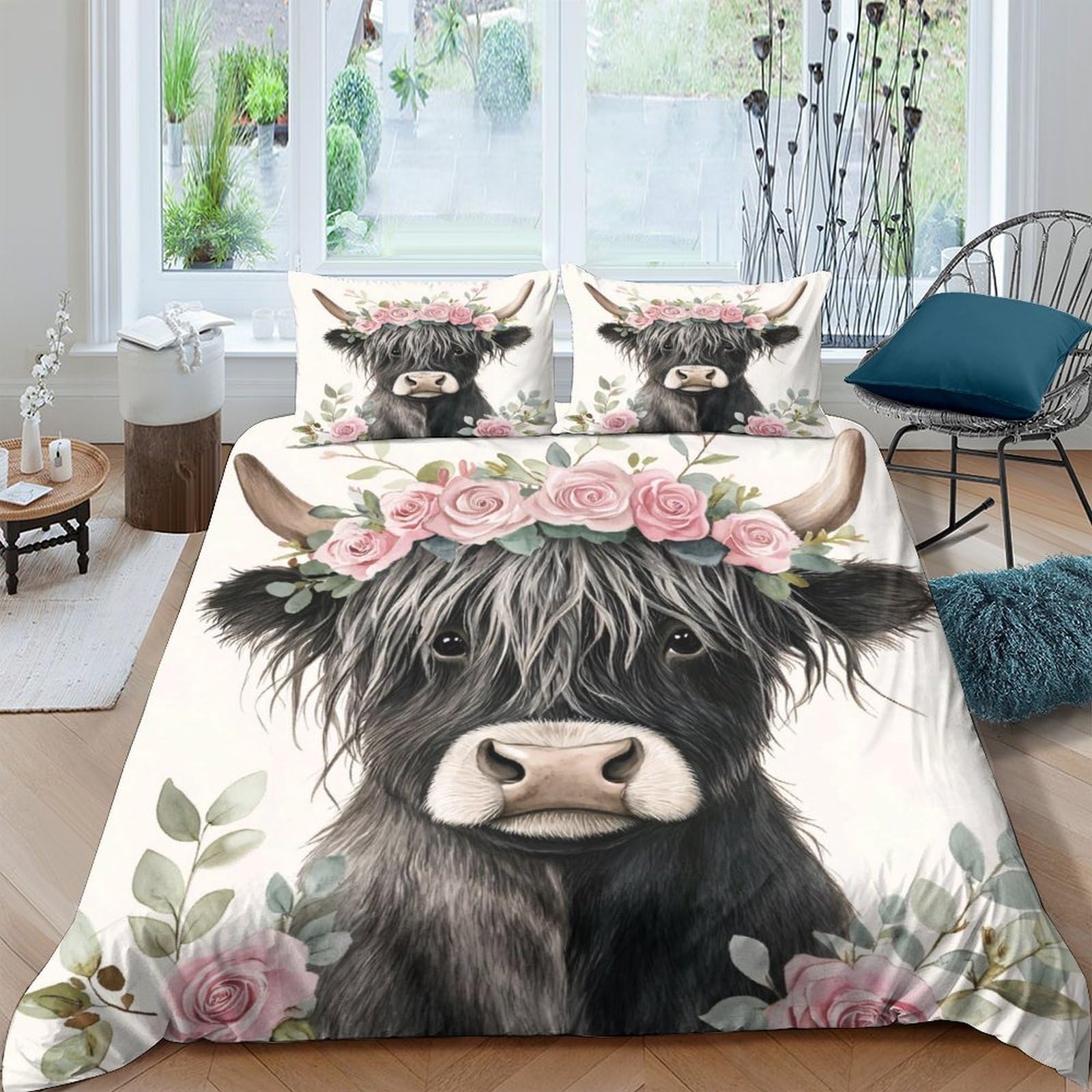 GPLZQXKJNH 3D Printed Highland Cow Floral Duvet Cover Microfiber Bedding Set Breathable for Bedroom Decor with 2 Pillowcases Single（135x200cm）