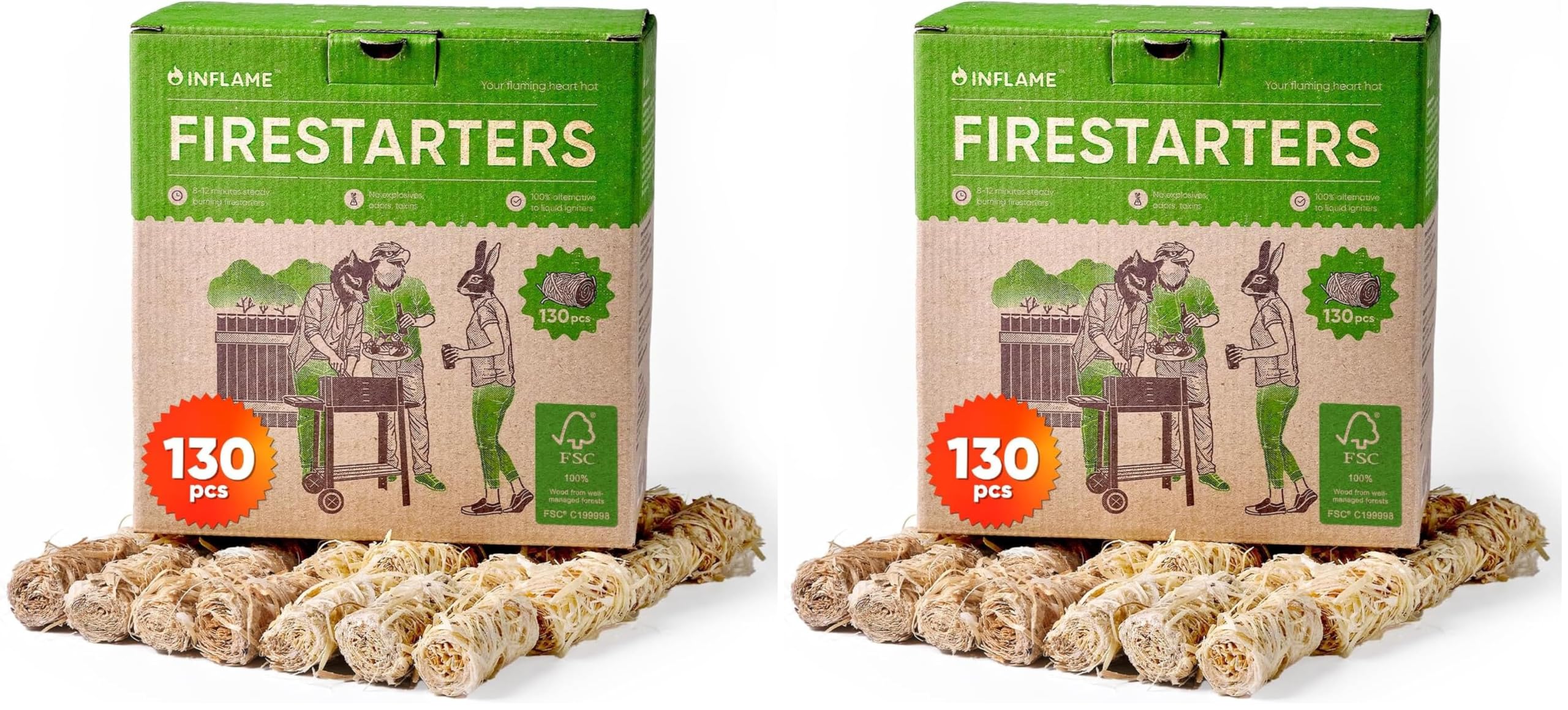 Inflame Fire Starters 130 pcs - Fire Starters for Campfires, Charcoal, Grill, BBQ, Fireplace, Chimney, Woodstove - Waterproof, Weather-Resistant - Natural Wood Starters (Pack of 2)