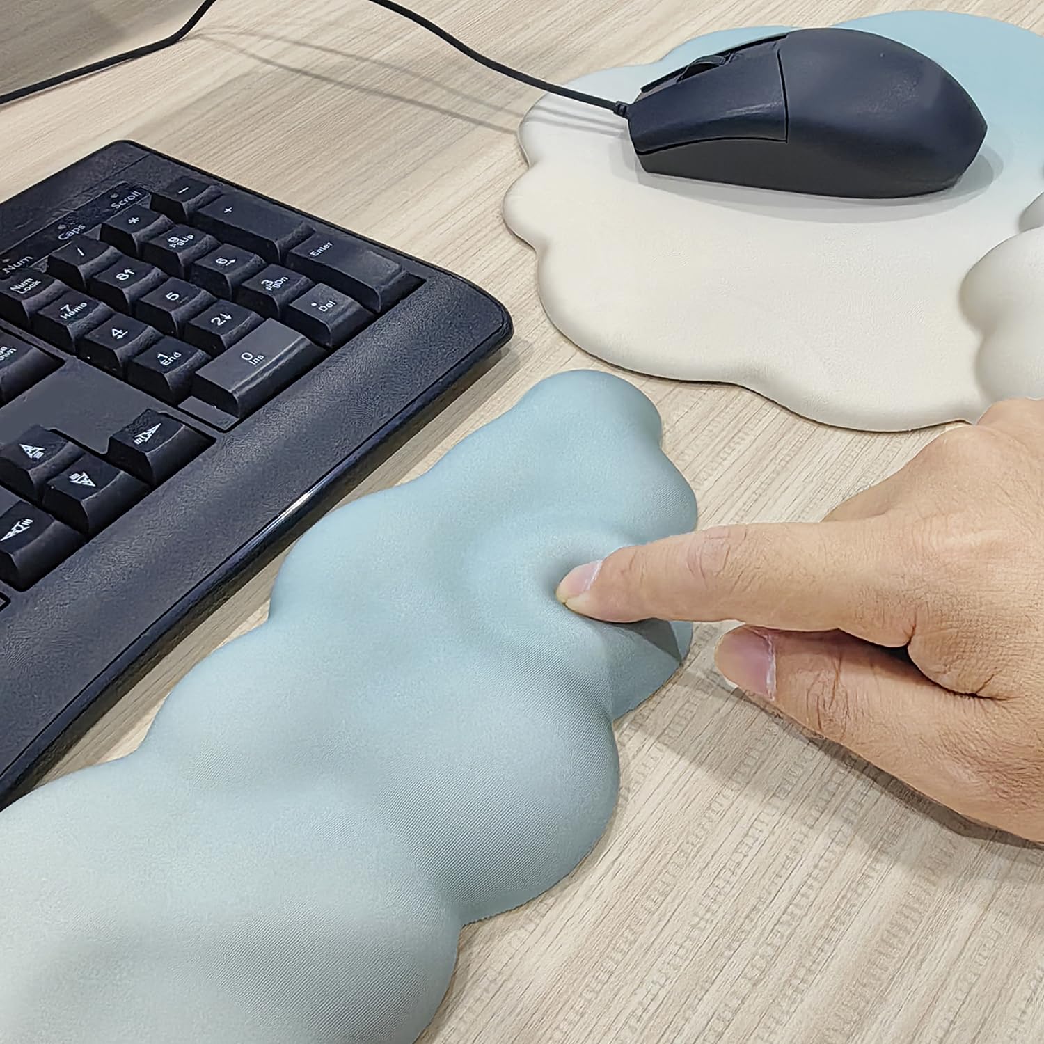 Repose Poignets Clavier - Couleur Dégradé Bleu-Blanc 42x11x2cm， Repose Doux Cloud Souris Ensemble Pour bureau gaming ordinateur portable maison Ergonomique Souple et Confortable