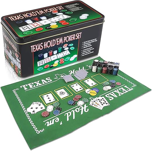 Gamie Texas Holdem Poker Game Set - Includes Hold’em Mat, 2 Card Decks, Chips, Chip Holder and Tin Storage Box - Fun Game Night Supplies - Cool Casino Gift for Kids & Adults