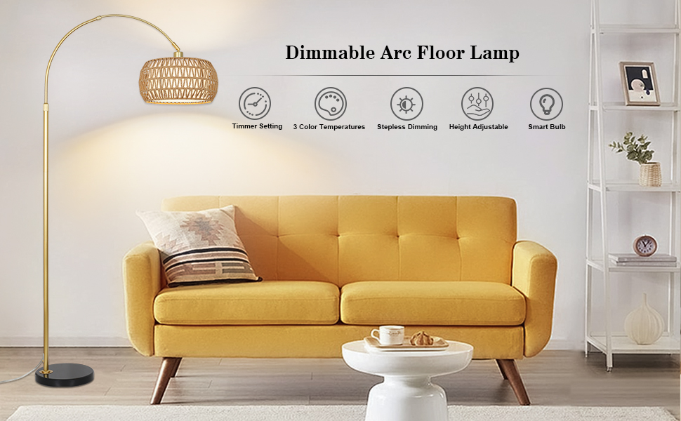 Image of Gold Floor Lamps for Living Room, Arc Floor Lamp with Remote & Dimmable Bulb, Boho Rattan Standing lamp with 3 Color Temperatures, Height Adjustable Tall Lamp for Bedroom, Over Couch Reading Lamp