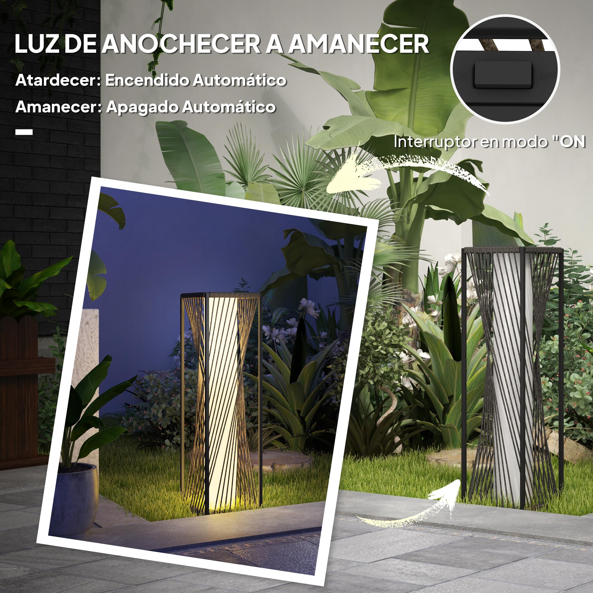 Outsunny Linterna de Jardín de Ratán Sintético Farola Solar con Luces LED Encendido y Apagado Automático Impermeable para Terraza Balcón Patio 22x22x77 cm Gris