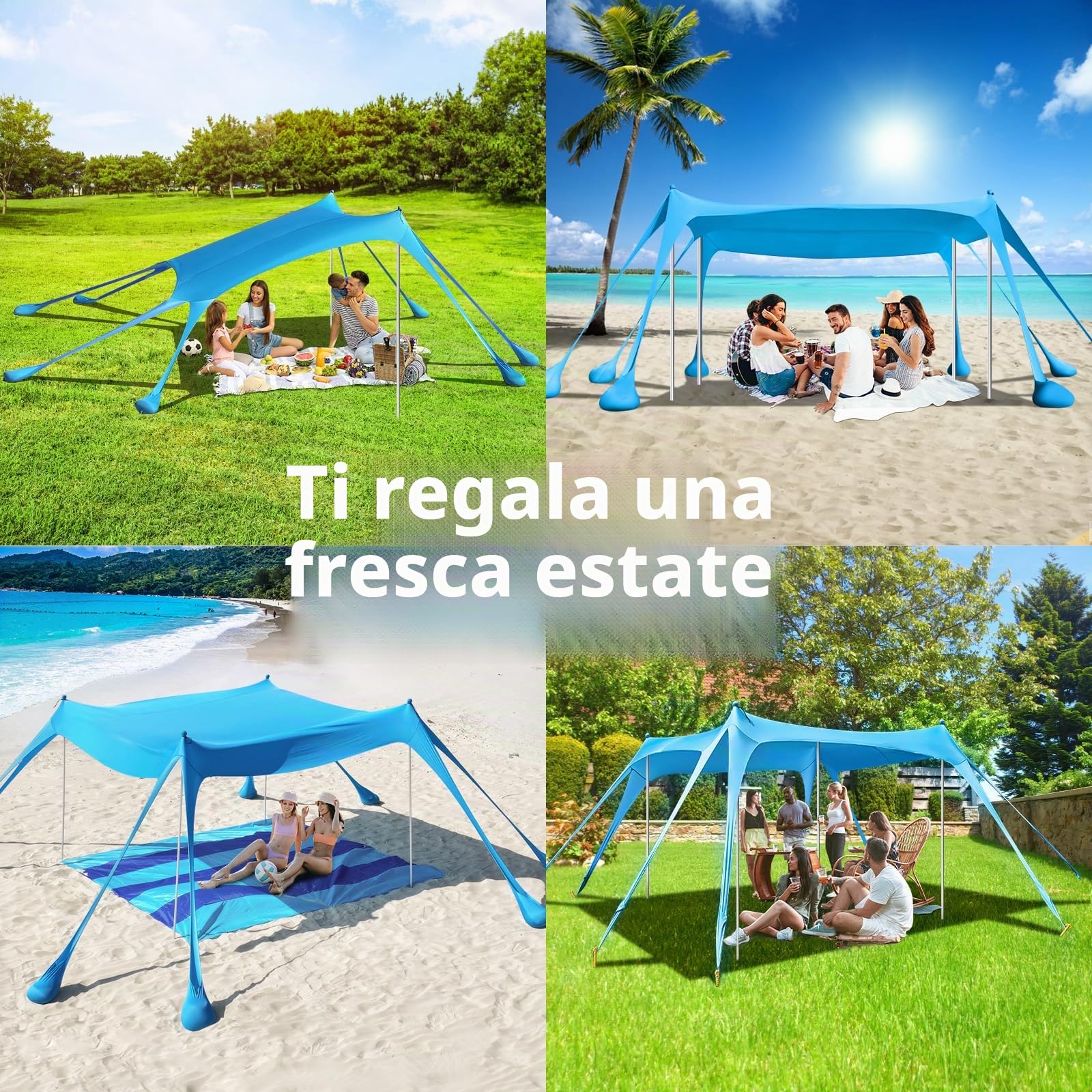 Rhino Valley 3x3m Tenda da Spiaggia Ultra Stabile Portatile, Protezione UV UPF50+ Tenda da Mare Super Antivento con 8 Ancoraggi a Sabbia Riempibili e 4 Aste in Alluminio