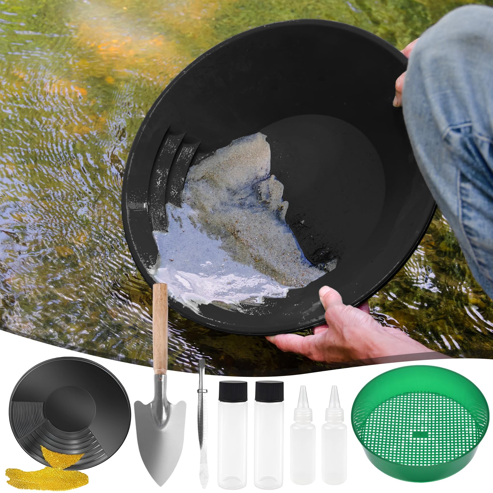 Setaccio per Oro Strumenti di Estrazione d'oro Set completo di Grondaie per Bucato Dorato, 38,5 cm