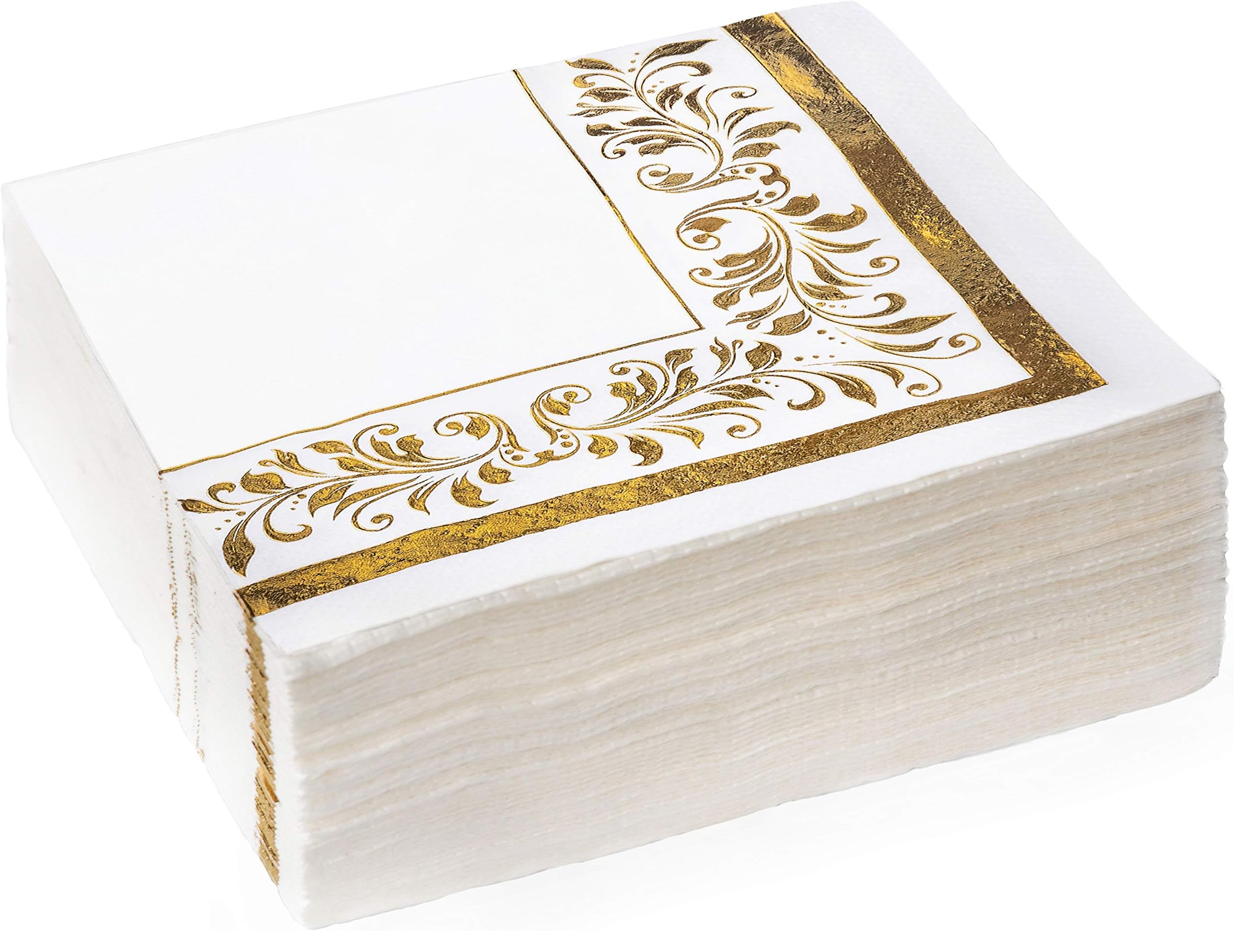 50 Cocktail Gold Foil Napkins | 3-Ply Small Beverage Napkins with Decorative Accents | 5” x 5” for Baby Shower, Wedding, Bachelorette Party and Baptism (Gold Beverage Napkins)