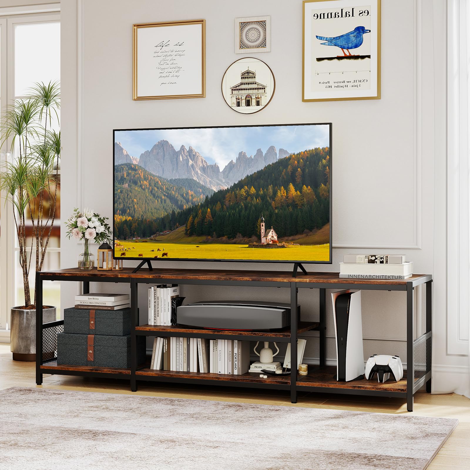 COSTWAY Mobile TV Soggiorno fino a 65", Tavolino TV con Mensole Aperte, Consolle Media Industriale, Centro Intrattenimento Basso Salotto, per Soggiorno Camera da Letto