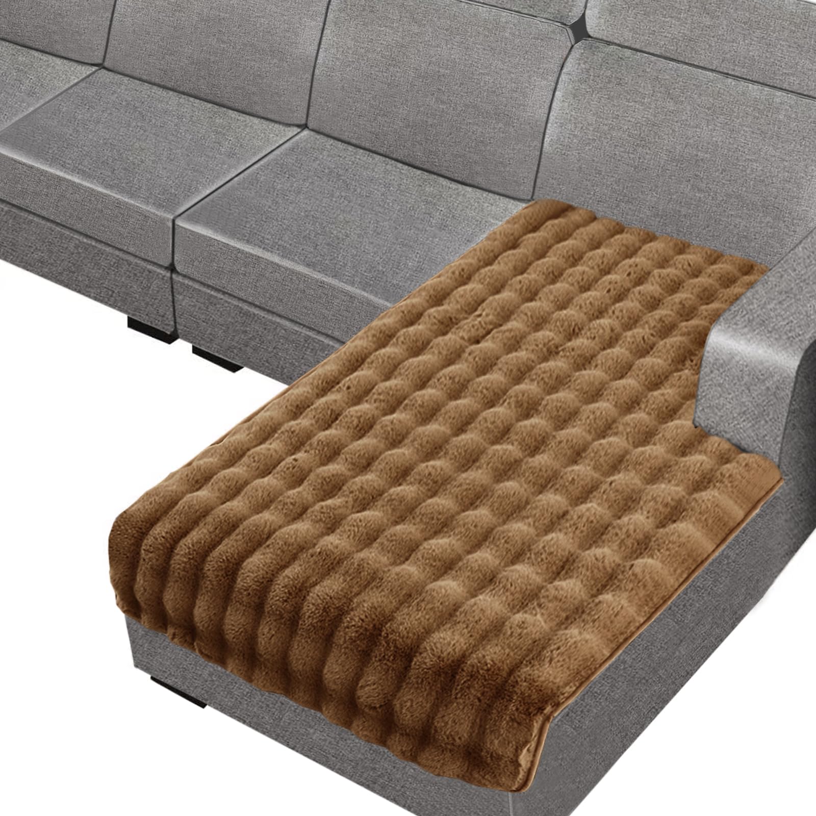 Rabbit Plush Sofa Cover 1 2 3 Seater, Sofa Slipcover Corner L Shape Thick Warm Couch Protector Anti-slip Caravan Seat Cushion Covers for Kids, Pets (Coffee,120×160cm Open-Forked)