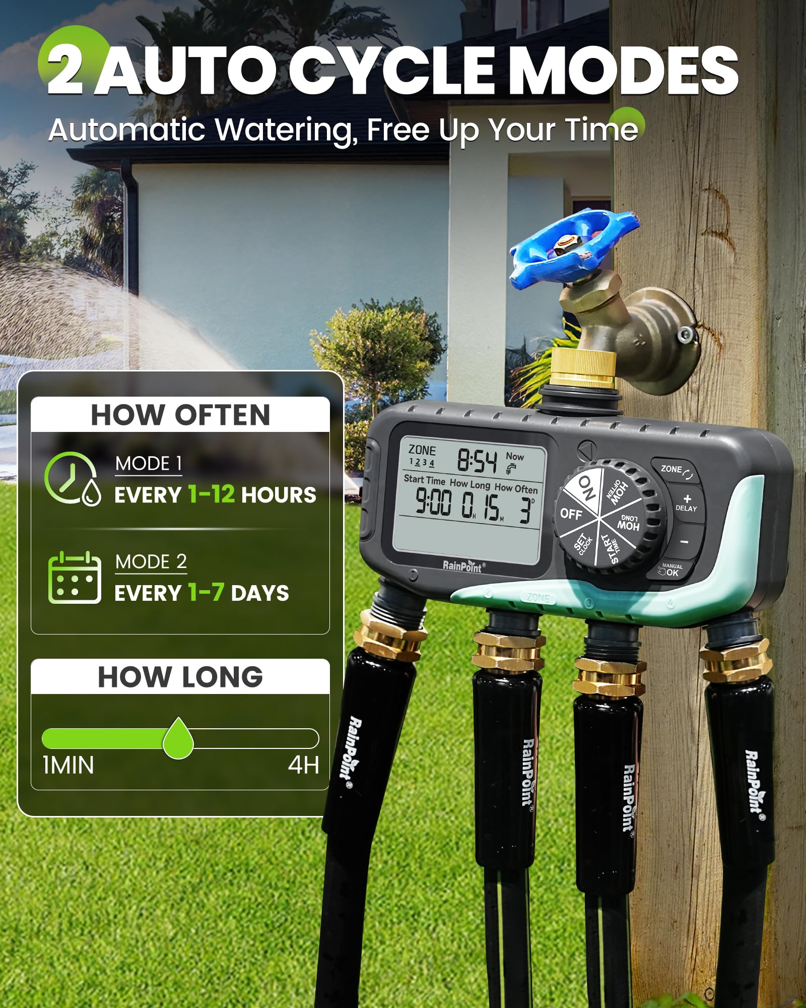 RAINPOINT Timer per irrigazione, 4 uscite, con ingresso in ottone con ritardo della pioggia/sistema di controllo manuale/automatico, digitale programmabile per prato, cortile, 4 zone