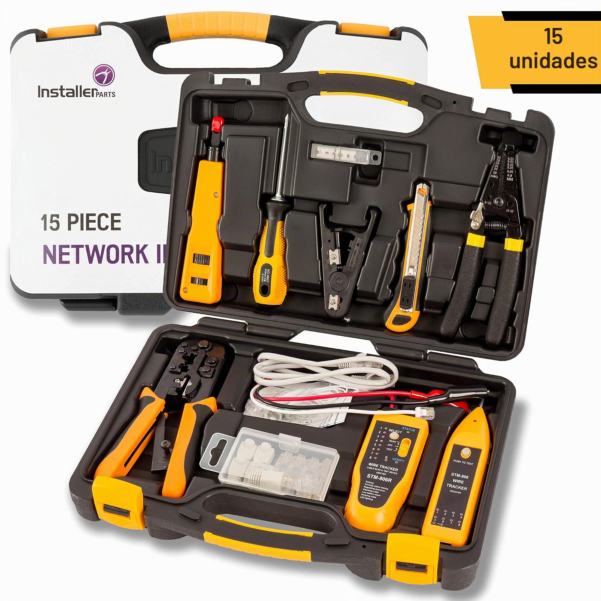 InstallerParts Kit de herramientas de reparación de red 15 en 1 - Juego de herramientas electrónicas | Herramienta de crimpado, probador de cables LAN/Ethernet/Cat5/Cat6, pelacables de calibre,