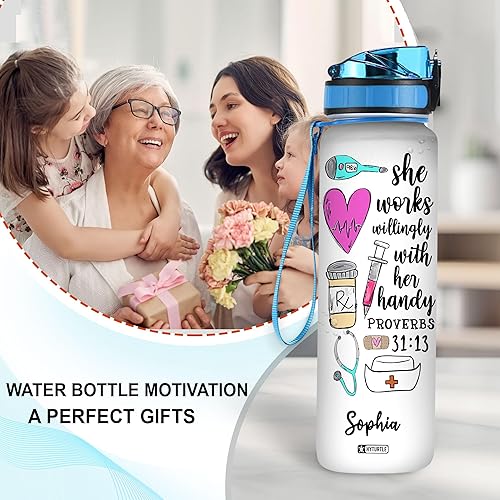 Vista 3 de Hyturtle Botella de agua motivacional personalizada con texto en inglés "She Works Willingly With Her Handy Proverbios", regalo para enfermeras