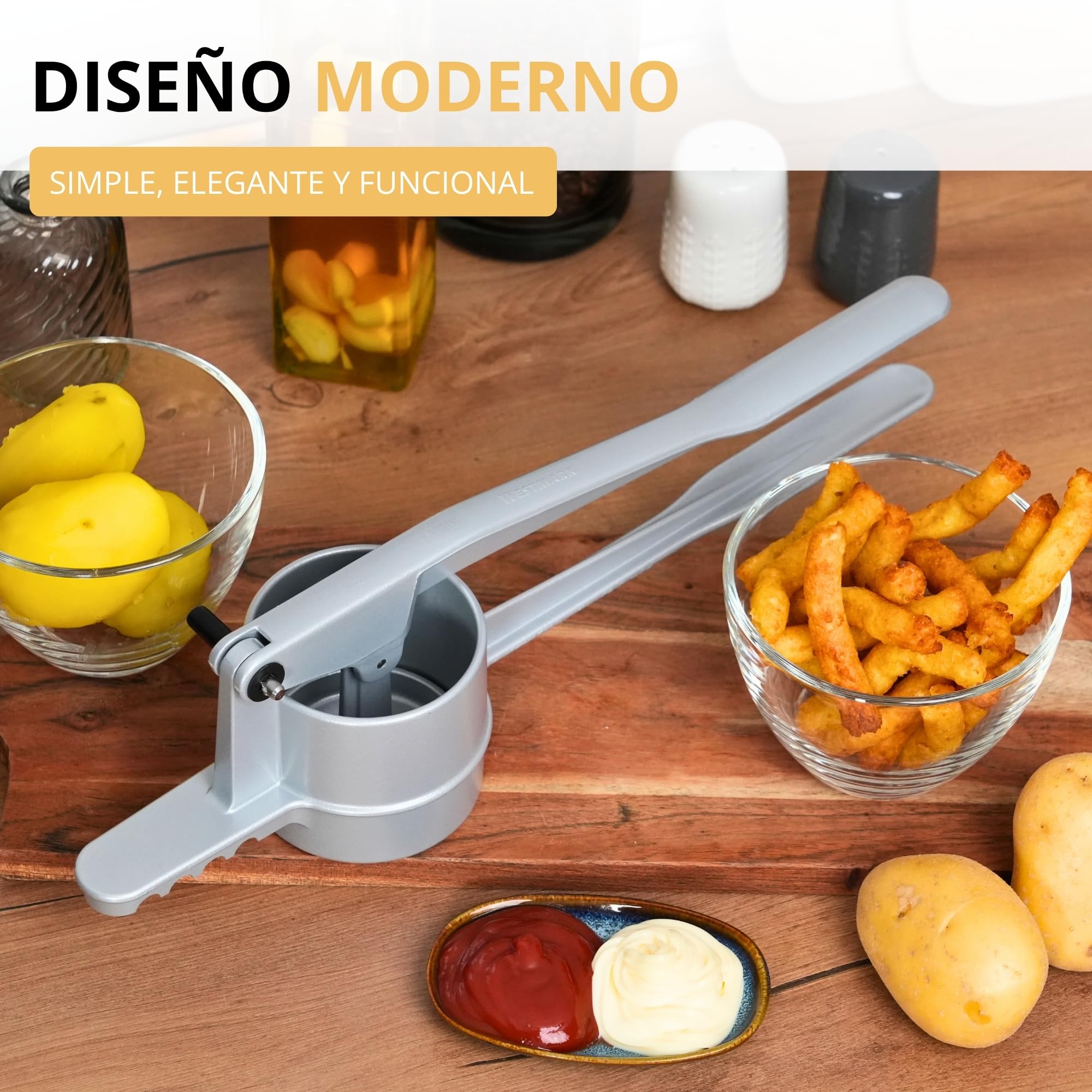 Westmark Prensa para patatas fritas, Prensa para churros, prensa para patatas de aluminio, Para patatas, churros y patatas fritas, Plateada, 41 cm