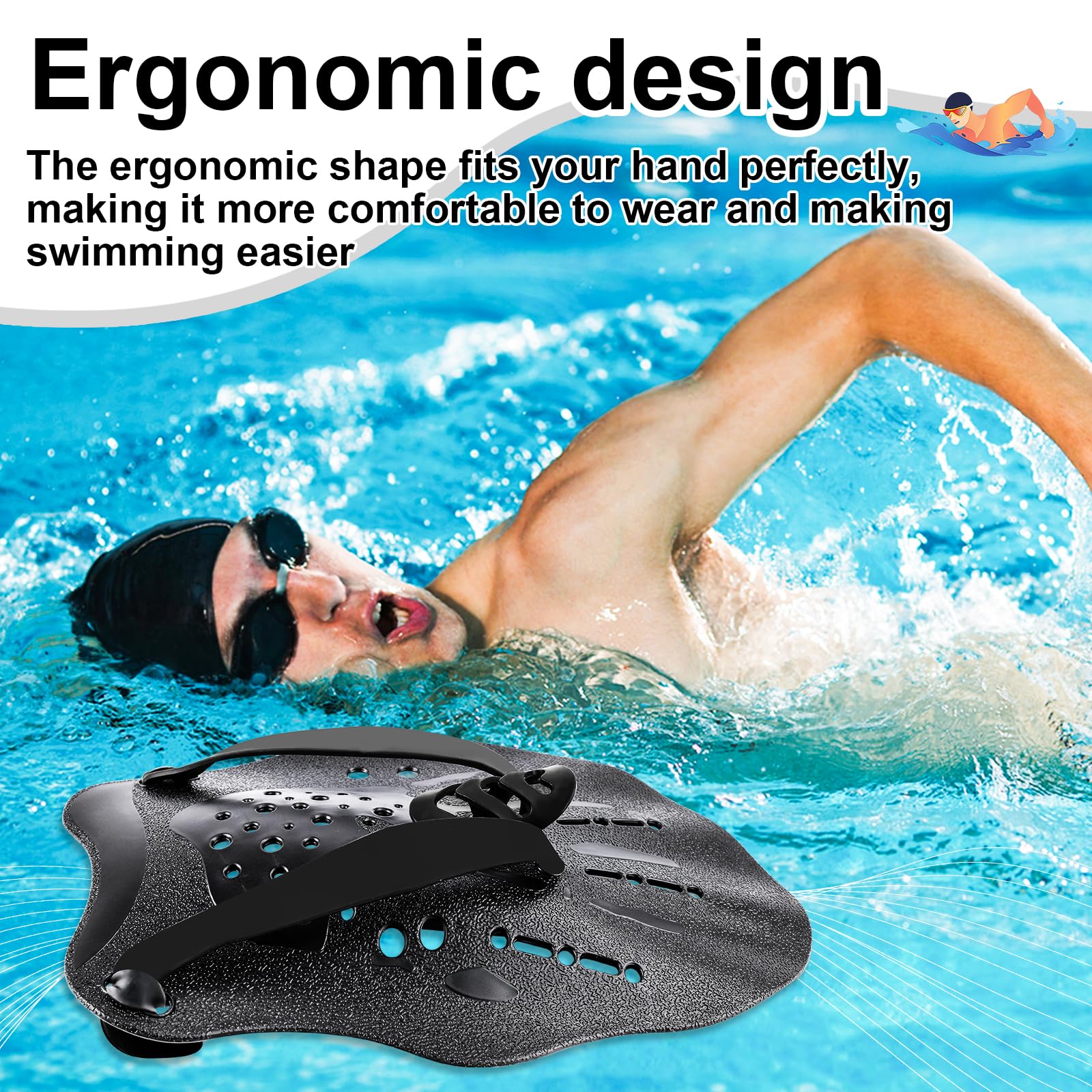 WuGU Pale da Mano da Nuoto, Palette Nuoto Piscina Regolabile, Swim Paddle, Pagaia Per Nuotos Mano, Aiuto all'allenamento Della Forza Per Adulti Bambini Unisex(Nero)