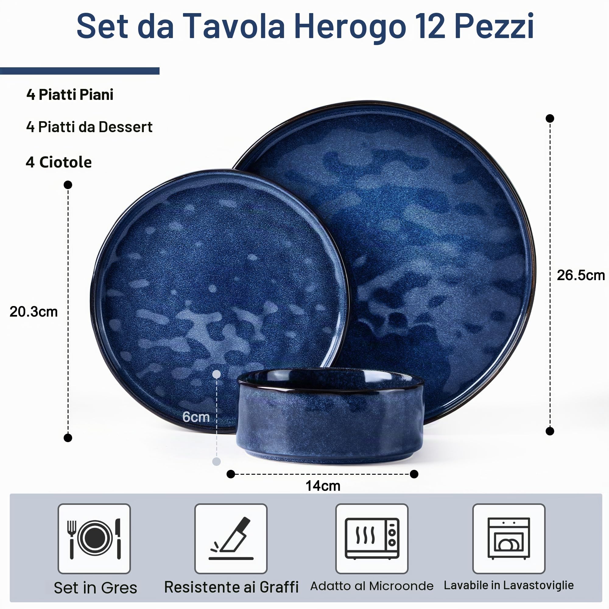 Herogo Set di stoviglie da 12 pezzi, in gres porcellanato, per 4 persone, piatti e ciotole in smalto reattivo, adatto al microonde e alla lavastoviglie, resistente a scheggiature e graffi, blu