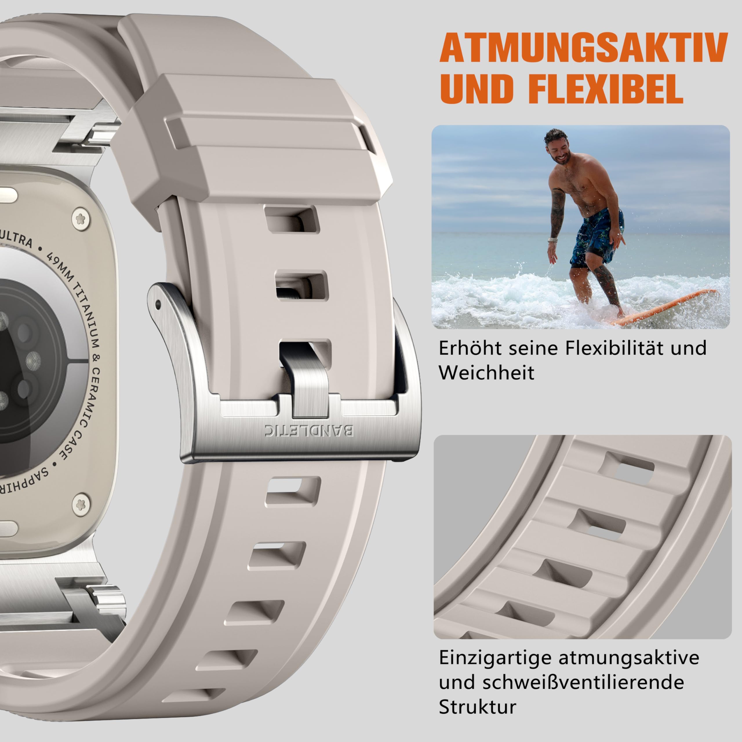 Bandletic Armband Kompatibel mit Apple Watch Ultra 2/Ultra 3/Ultra 49mm | Robustes FKM Ersatzarmband für iWatch Series 11/10 46mm 9/8/7 45mm SE/6/5/4 44mm 3/2/1 42mm Metallverbinder,Polarstern