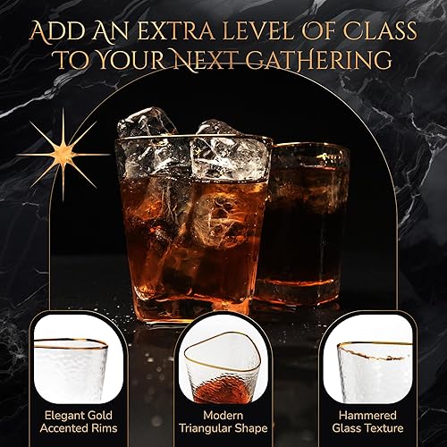 Miniatura 3 de Bec's Designs Juego de 4 vasos de whisky  10 oz de oro martillado de bola baja bourbon y copas de cóctel  Elegante regalo de whisky para hombres