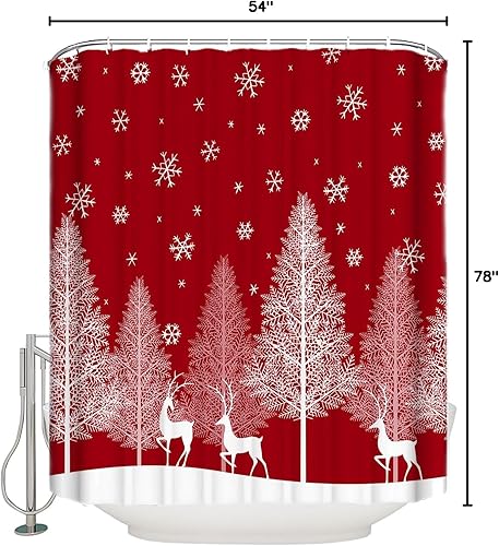 Miniatura 10 de Cortina de ducha con árbol de Navidad, diseño de copos de nieve, bosque, ciervo, rojo, impermeable, lavable, bohemio, divertido, lindo, juego de