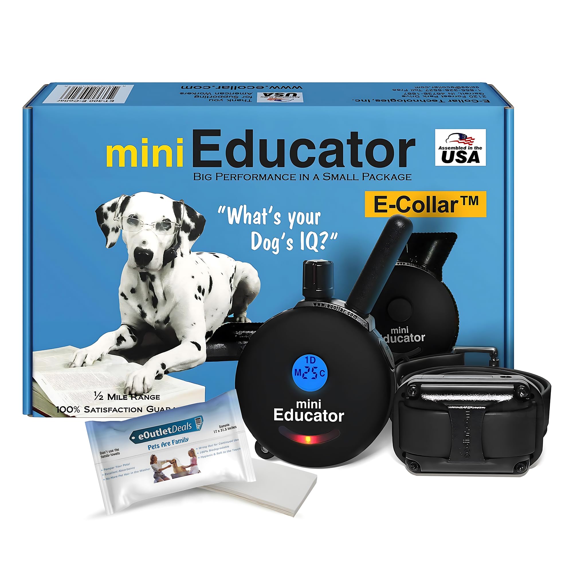 E-Collar ET-300 / ET-302 Dog Training Collar System with Remote - 1/2 Mile Range - Waterproof, Vibration, Sensation - Includes eOutletDeals Pet Towel (1 Dog System - ET-300 Black)