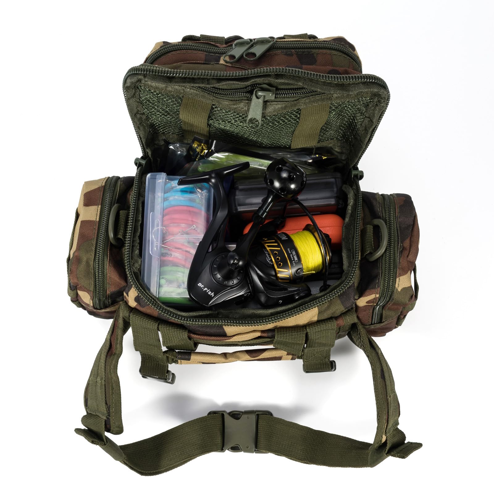 Dr.Fish Bolsa de almacenamiento de aparejos de pesca de gran capacidad, múltiples bolsillos, bolsa de hombro y cintura, resistente al agua, para exteriores, senderismo, caza, camping, viajes,