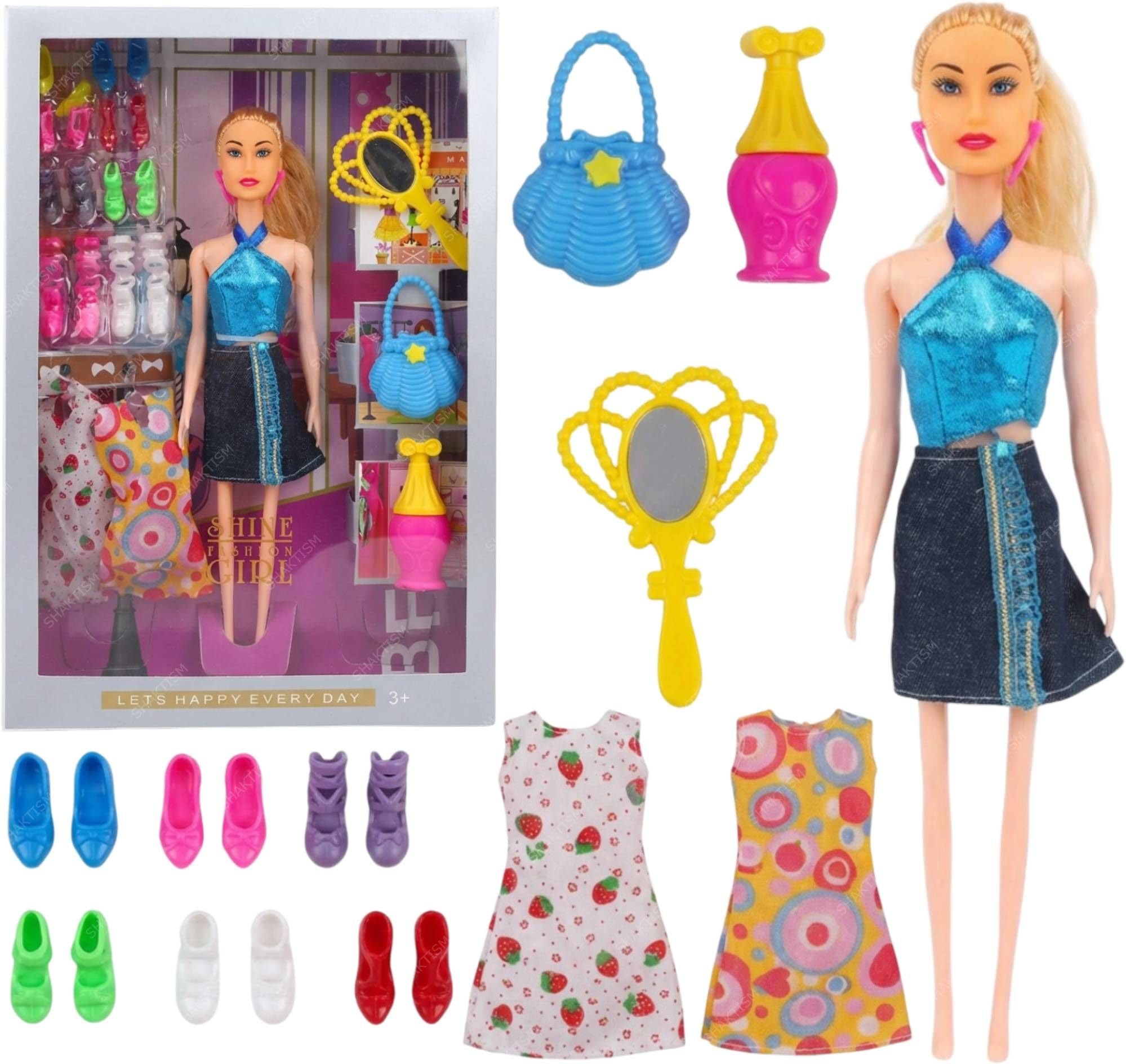Doll Set for Girls with Makeup, Dress, Accessories, Wardrobe Closet, Hangers, Necklace, Multicolor, 3 Years and Up (Shine Fashion Doll)