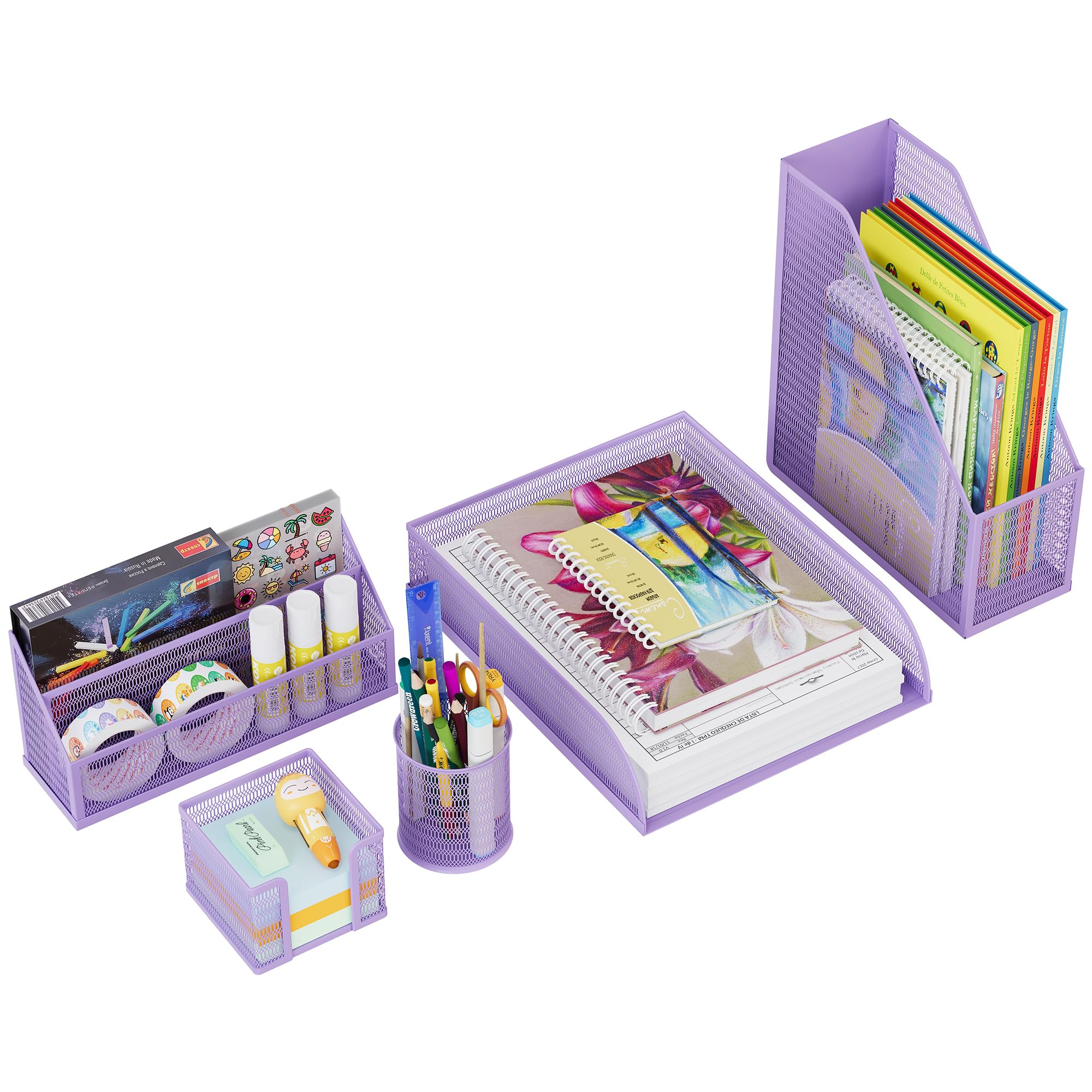 Solinxe Organiseur De Bureau En Métal Rose 5 En 1 - Bac Documents, Porte-Crayons, Porte-Lettres