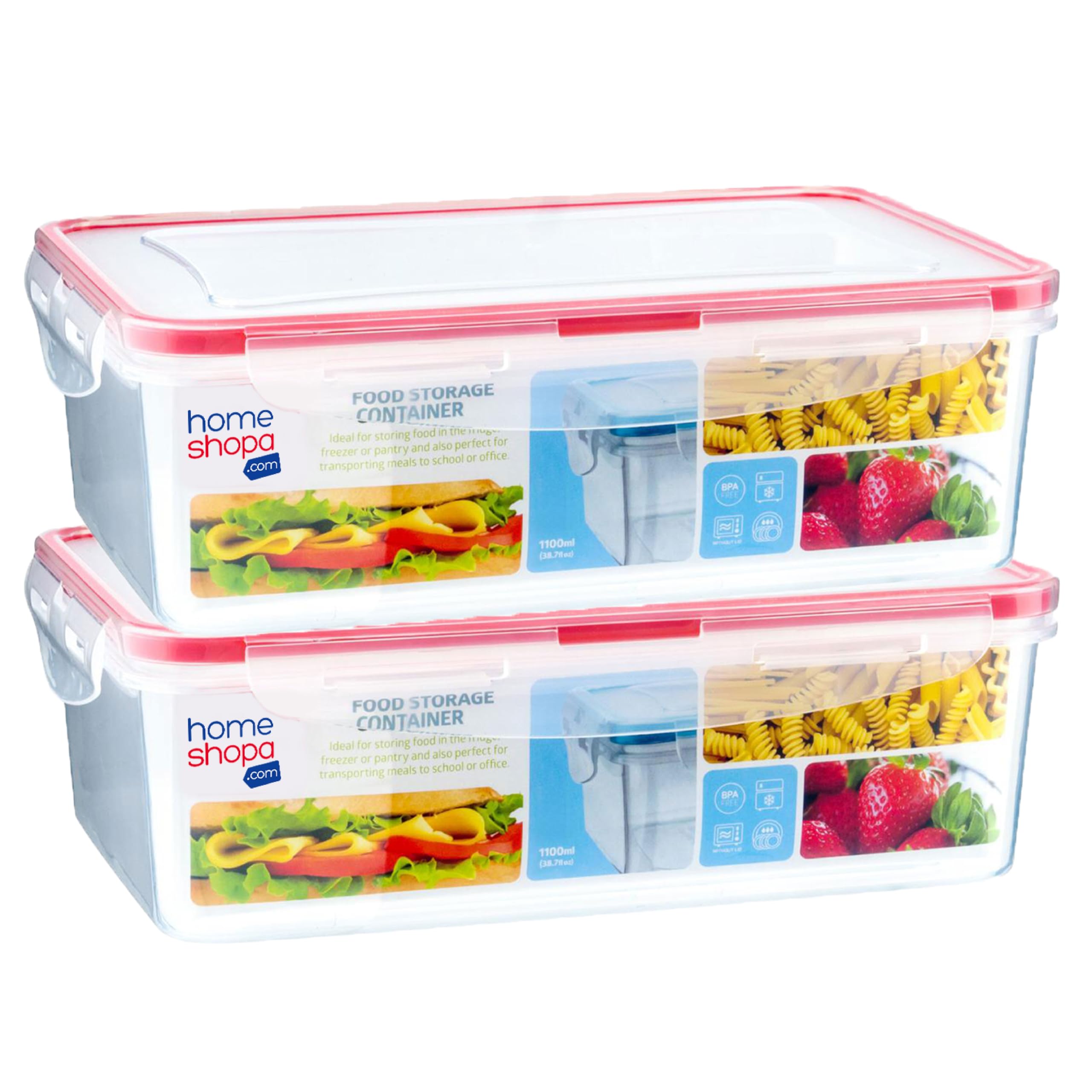 HOMESHOPA Plastic Airtight Food Storage Containers, 2 Pack 1100ml BPA Free Leakproof Stackable Reusable Lunch Boxes, Meal Prep Container for Kitchen & Pantry, Microwave Freezer Dishwasher Safe