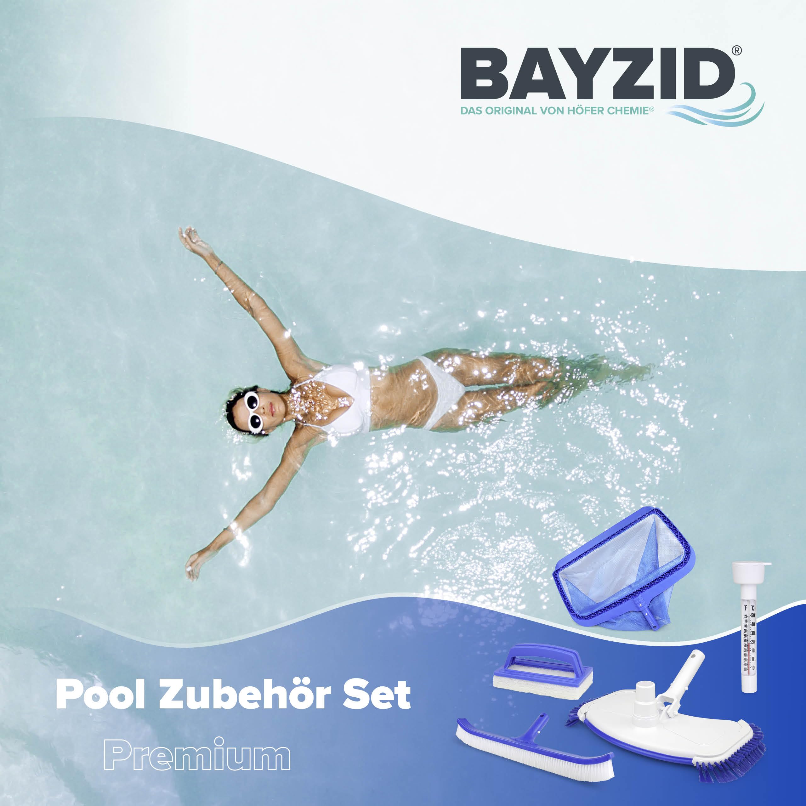 BAYZID Pool Zubehör Set Premium 5 in 1 – Komplettset für Poolreinigung mit Bodensauger, Kescher, Bürste & Thermometer – Pool Reinigungsset kompatibel mit Teleskopstange