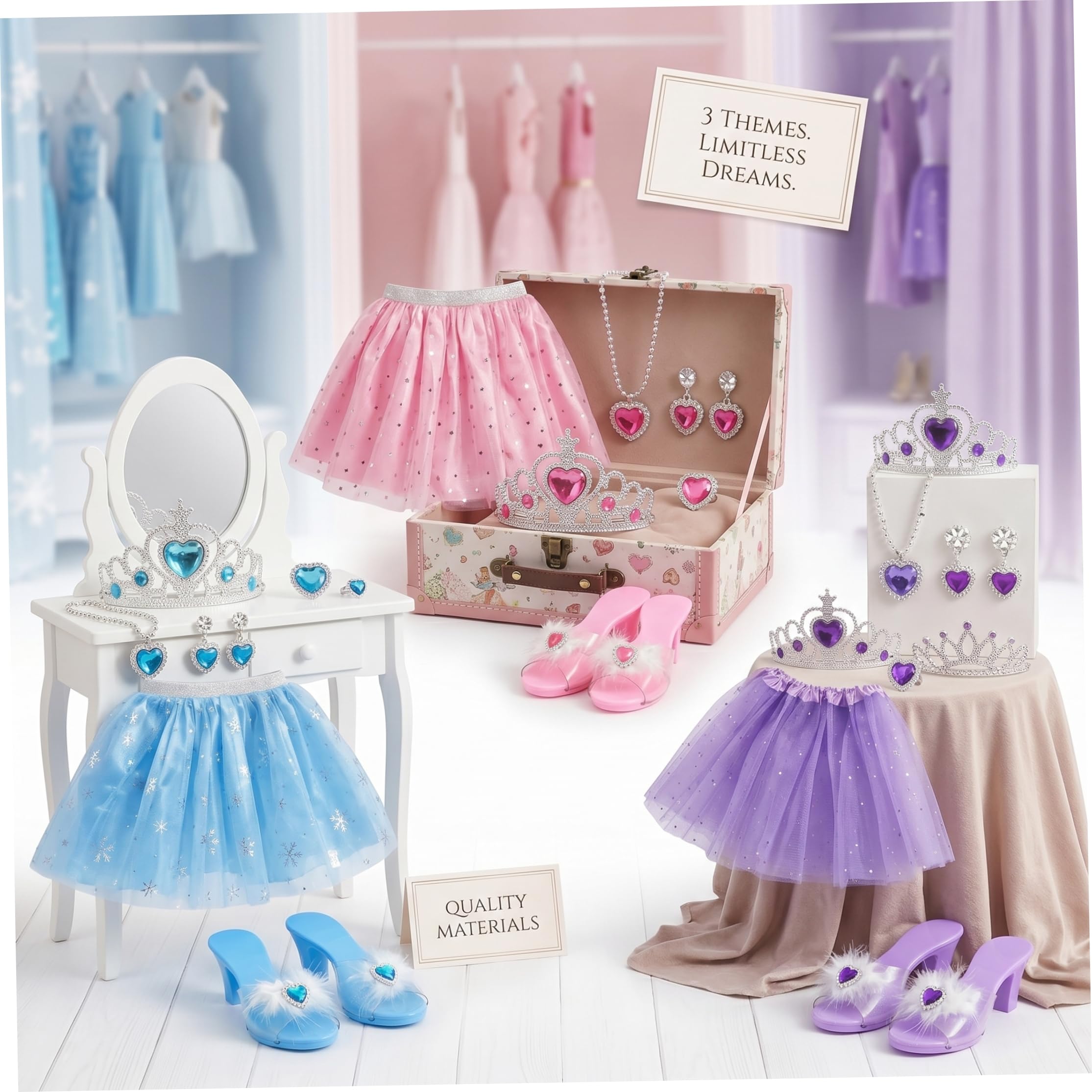Disfraces para niñas, 3 Juegos de Disfraces para niñas - Princesa, Zapatos y Accesorios de joyería - Cumpleaños de Navidad para de 3 a 6 años
