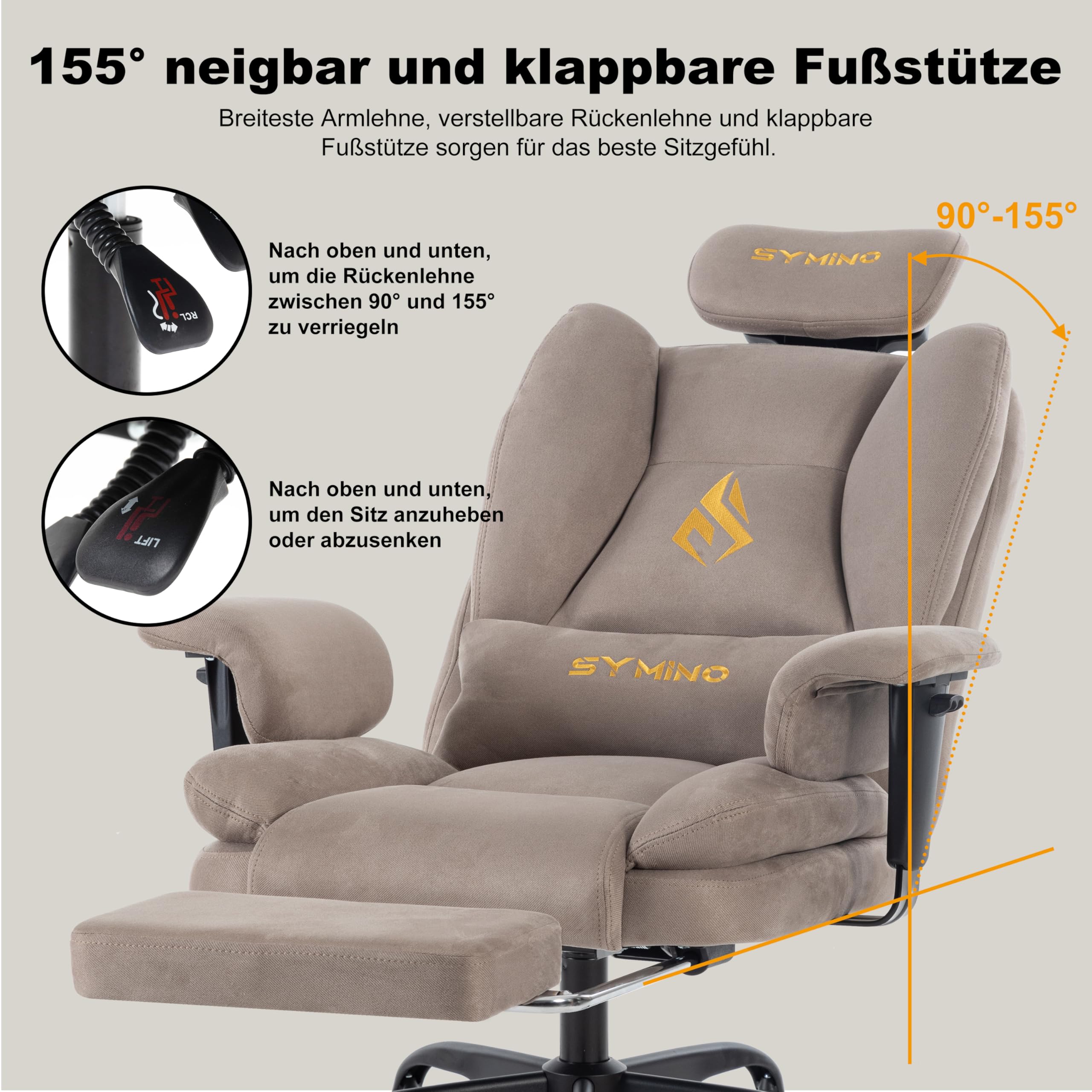 Symino Gaming Stuhl Chefsessel Bürostuhl Ergonomisch, Twill-Stoff Sofa-ähnliches Schreibtischstuhl mit Fußstütze Höhenverstellbarer Office Chair Computerstuhl 130kg, Braun