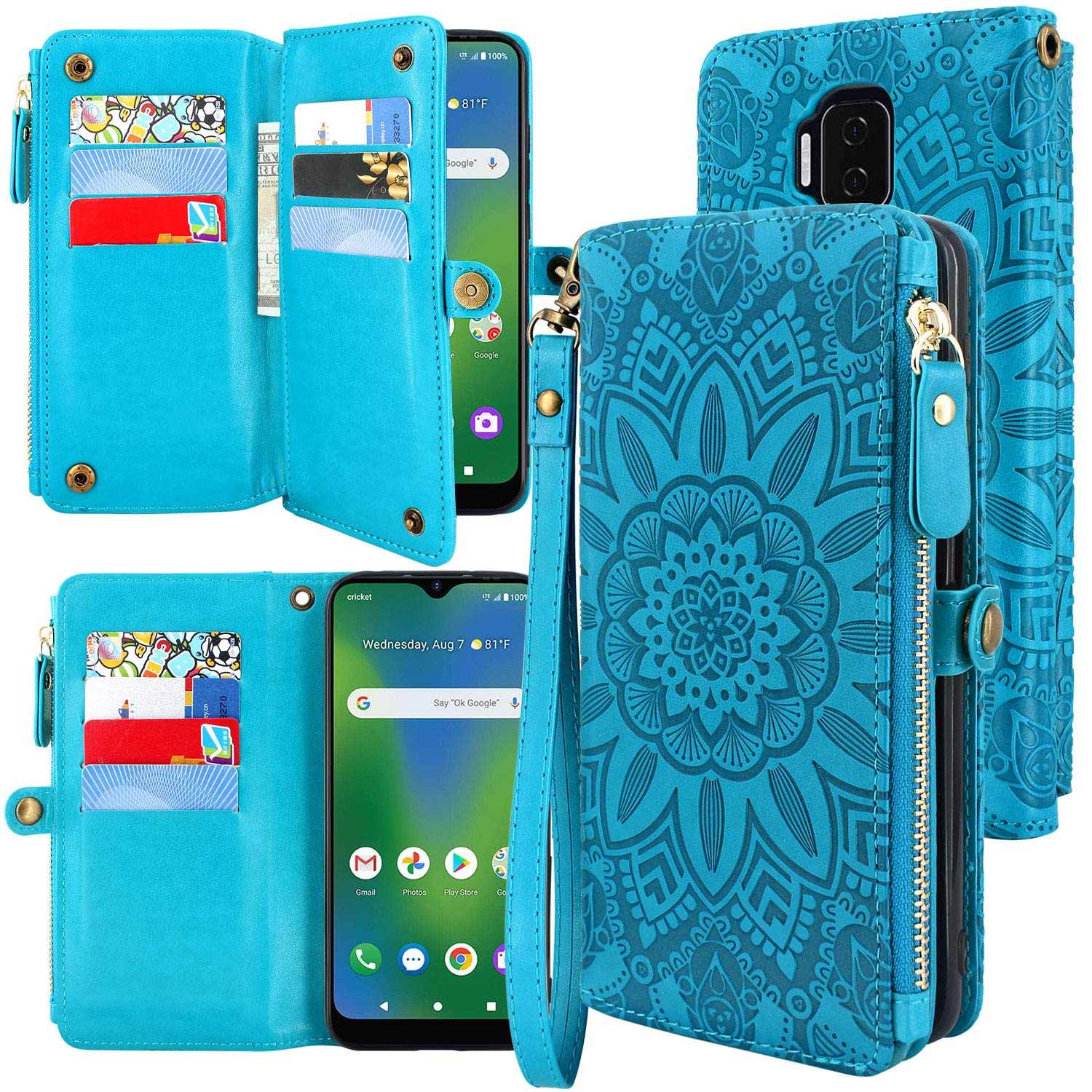 Harryshell [10 Card Slots] with [Block Theft Card Scanning],PU Leather Flip Wallet Case Cover Zipper Pocket Wrist Strap Kickstand for Cricket Influence/AT&T Maestro Plus (V350U)(2021) (Flower Blue)