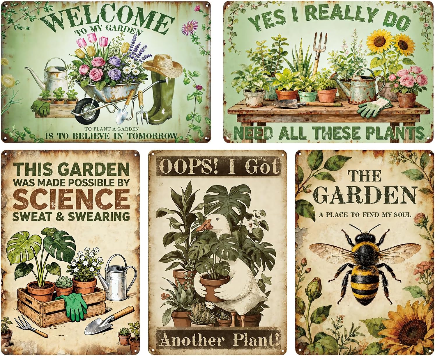 Gardening Gifts - 5 Pcs Unique Metal Garden Decor for Women, Mothers, Grandmas, and Plant Lovers, Garden Welcome Signs for Outdoor, Patio, Yard Decoration, 11.8" x 7.9" Inches