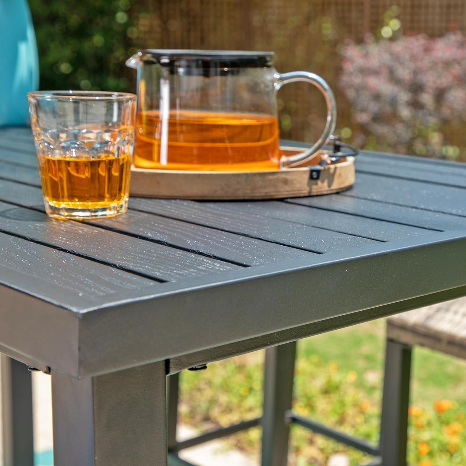 Sophia & William 37" Tall Patio Outdoor Bar Table, Metal Counter Height Dining Table with Wood Grain Tabletop, Adjustable Feet Mats, Rectangular Bistro Table with E-Coating for Porch Yard Lawn