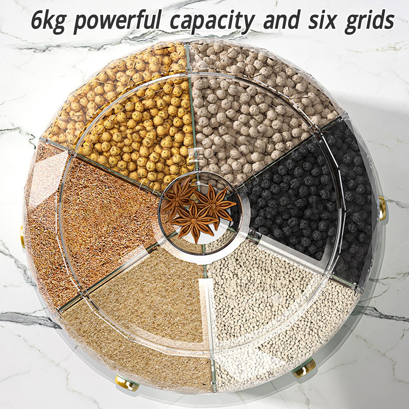 Dyspenser do ryżu, 6 Grid 6KG 360 Degree Rotatable Grain Container Dry Food Dispenser with Lid, Individual Button, Clear Cereal Dispenser Bucket for Home Kitchen Pantry Soybean (Zielony)