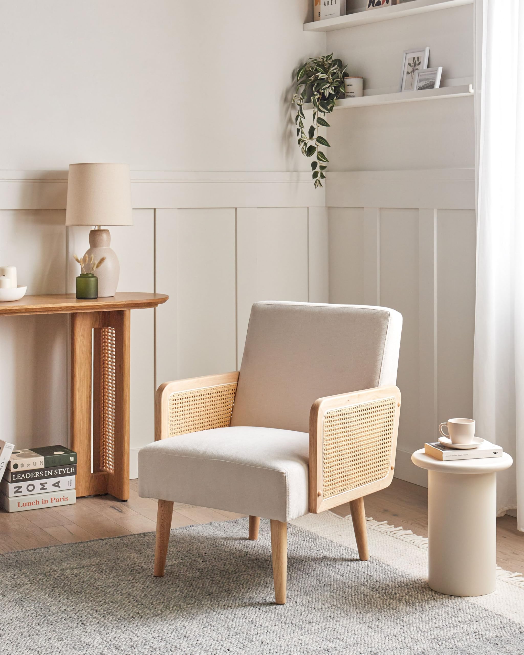 Sessel Stoff hellbeige mit Wiener Geflecht Armlehnen Retro Stil Hojby