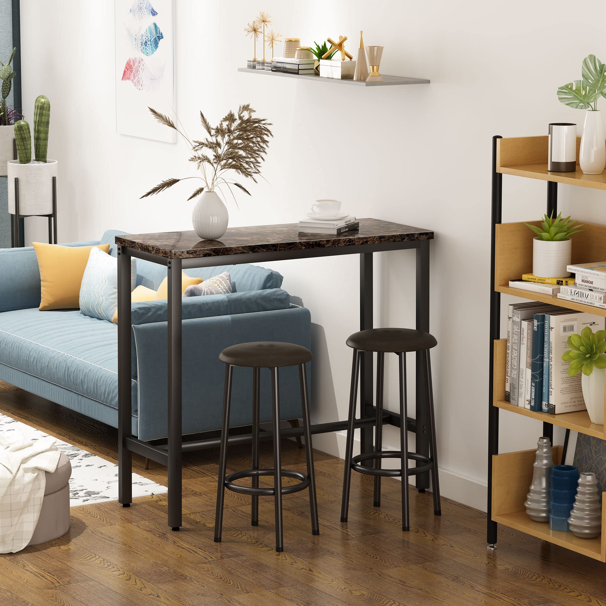 AWQM 3 Piece Dining Table Set Bar Table and Chairs Set for 2 Faux Marble Kitchen Counter Height Dining Table Set with 2 Padded Stools 3-Piece Modern Pub Table Set, Marble Brown, 39.3"