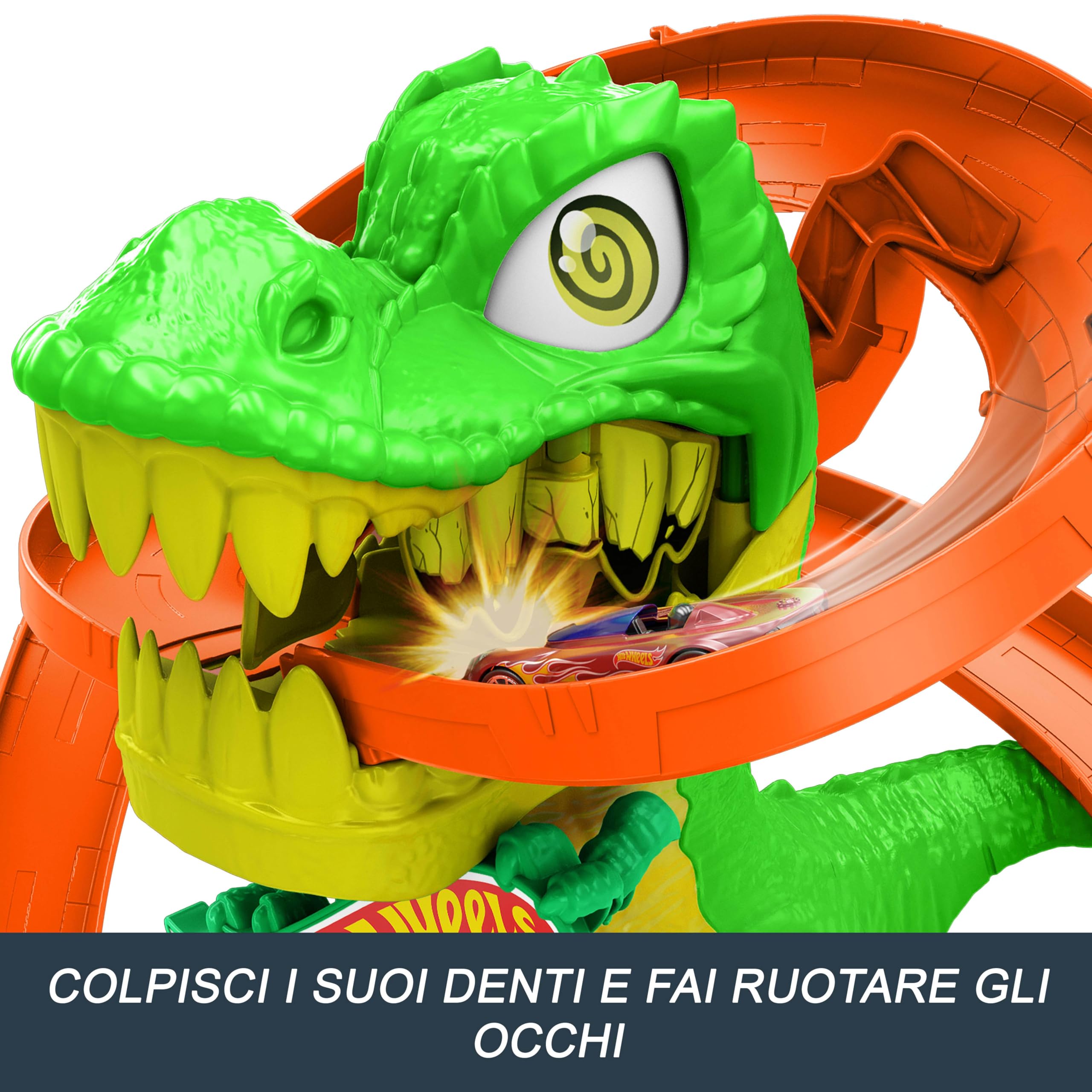 Hot Wheels City - T-Rex Battaglia Infuocata, playset stazione dei pompieri con dinosauro occhi rotanti e pista per gareggiare, camion dei pompieri incluso, giocattolo per bambini, 4+ anni, JBM73