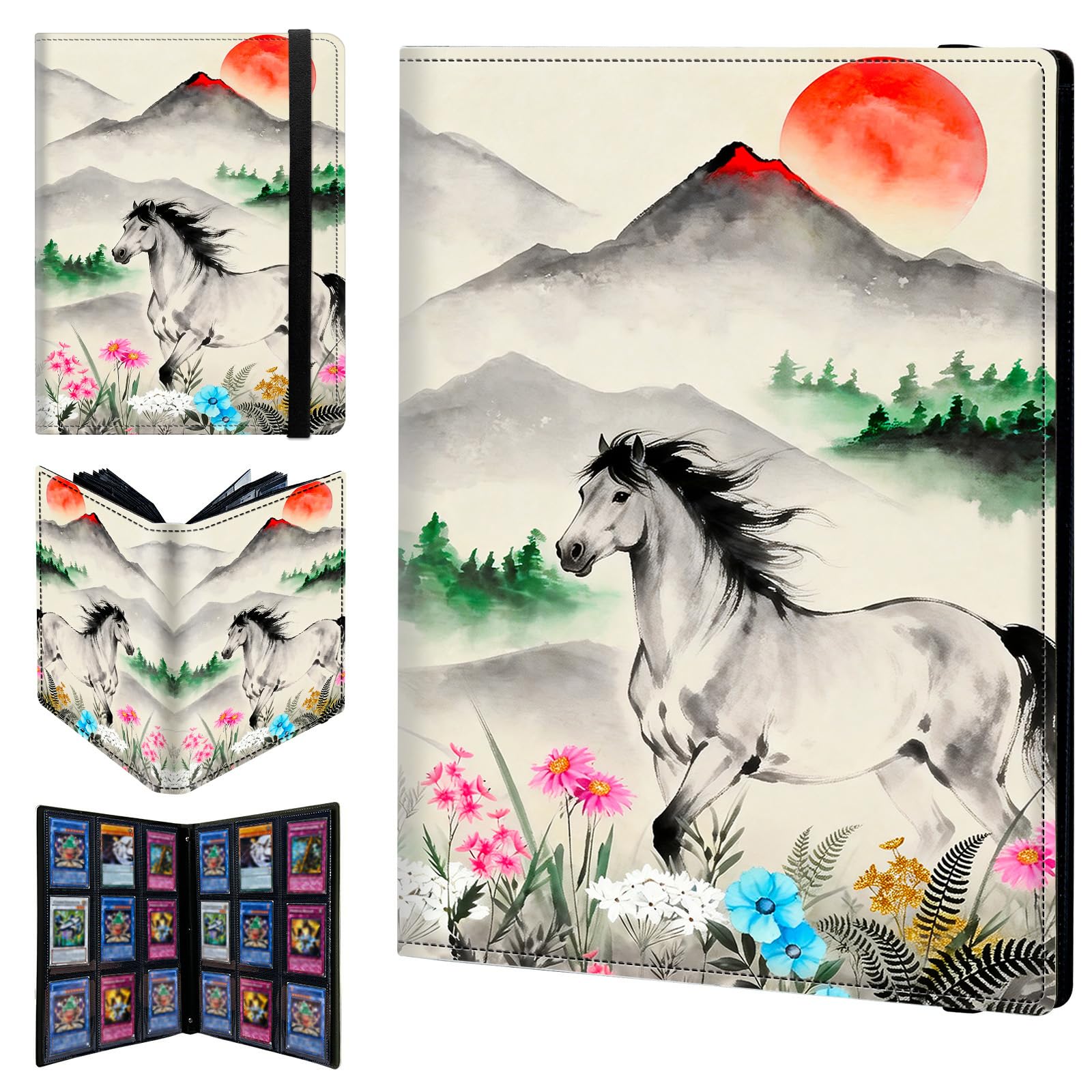 9 Pocket Trading Card Binder 900 Side Loading Pocket Album with Mountain Flowers Horse Pattern Design Card Binder for Sports Cards & Game Cards