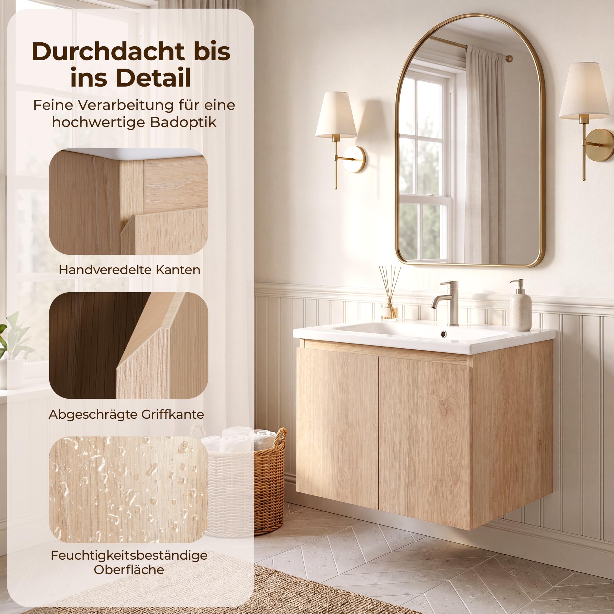 Waschbecken mit Unterschrank 60 cm, Hängend, Wandmontiert, Soft-Close | Handgefertigte Details, Keramikbecken, Soft-Close-Türen, versiegelte Kanten und Stauraum für kleine bis mittelgroße Bäder.