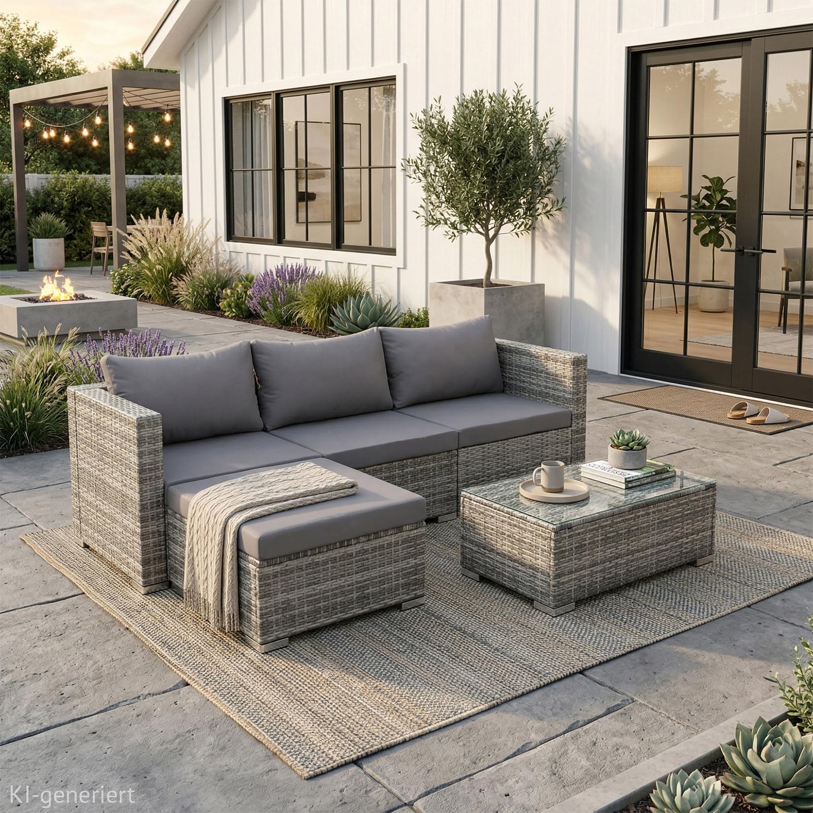 SVITA Queens Gartenlounge 5-teilig Polyrattan Lounge Set wetterfest Garten Terrasse Balkon inkl. Kissen Glas Tisch Grau