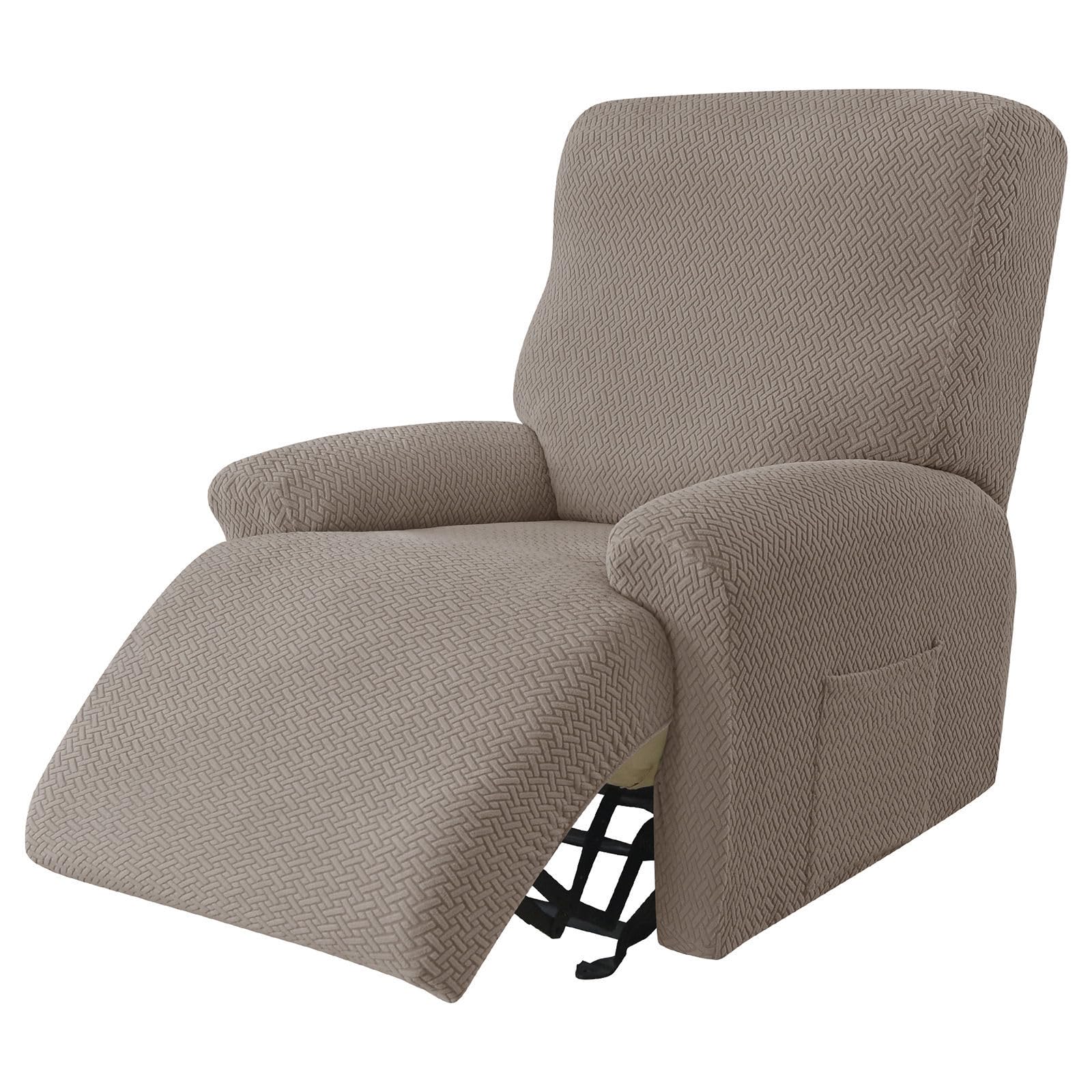 CLGTY Recliner Chair Covers Stretch Spandex Fabric, 4-piece Reclining Sofa Slipcover With Pocket Armchair Covers For Kids Pets-Khaki-chair