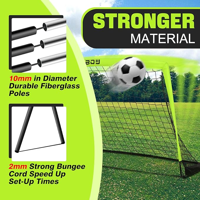 The 6x4 feet soccer goals by RUNBOW feature a unique trapezoidal design with 10mm foldable fiberglass rods, providing extra strength and pliability. The upgraded 420D Oxford thickening cloth and polyester nets make the goals durable and tear-resistant. The large size of 4x6 feet allows for plenty of space to practice different shots, making it perfect for toddlers, children, teens, youth, and adults.